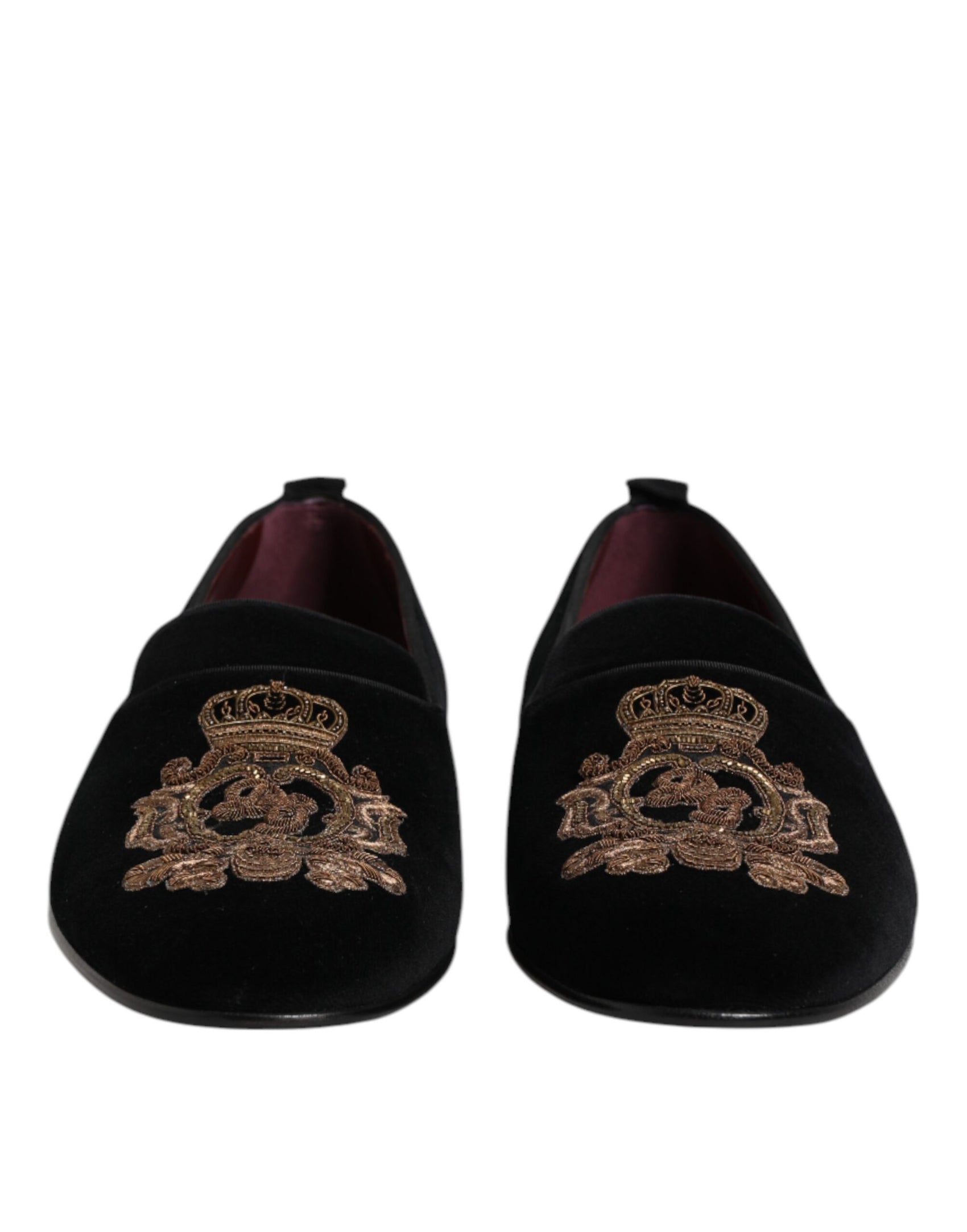 Dolce & Gabbana Black Velvet Gold Crown Mens Loafers Shoes