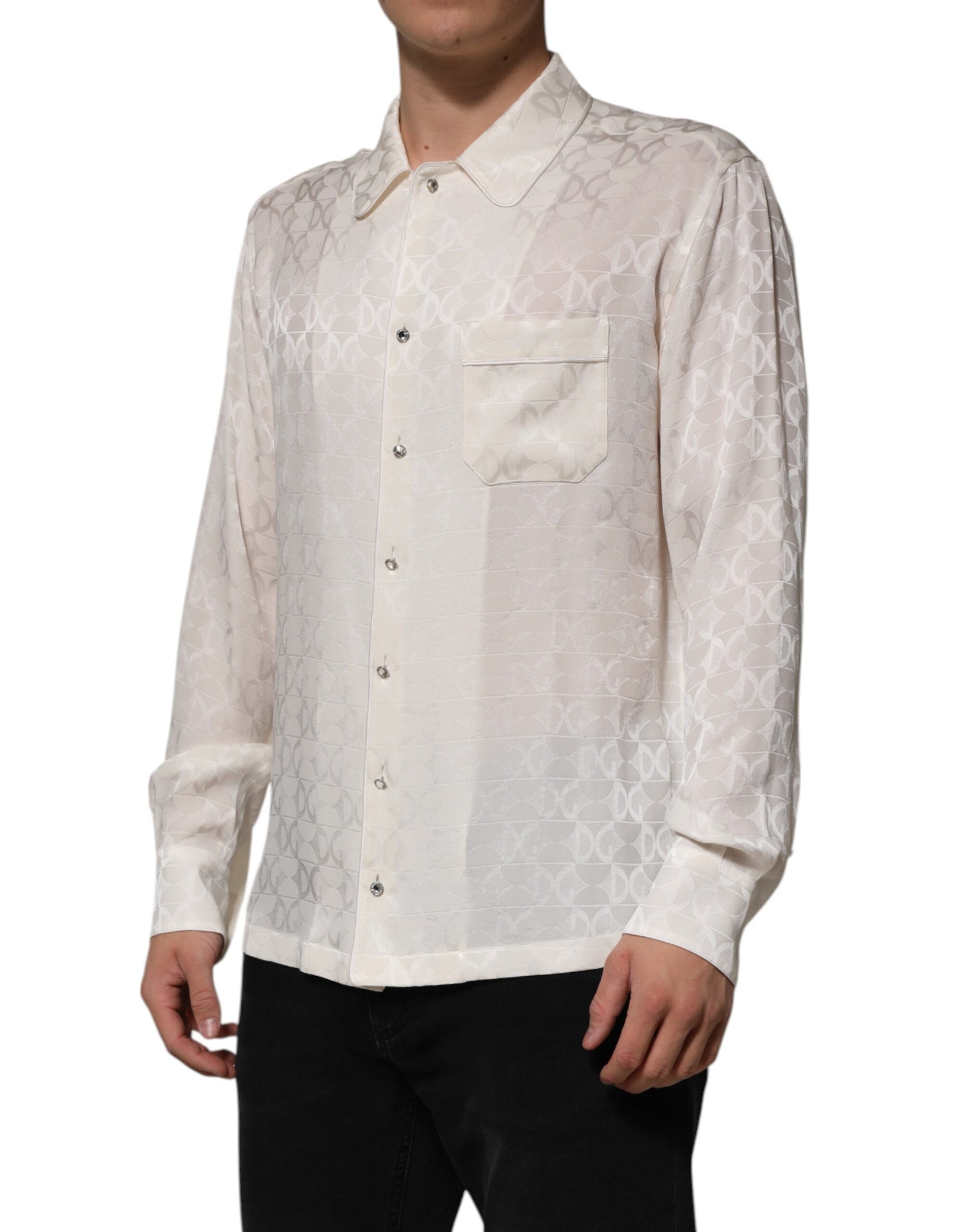 Dolce & Gabbana White Silk DG Logo Print Long Sleeves Shirt