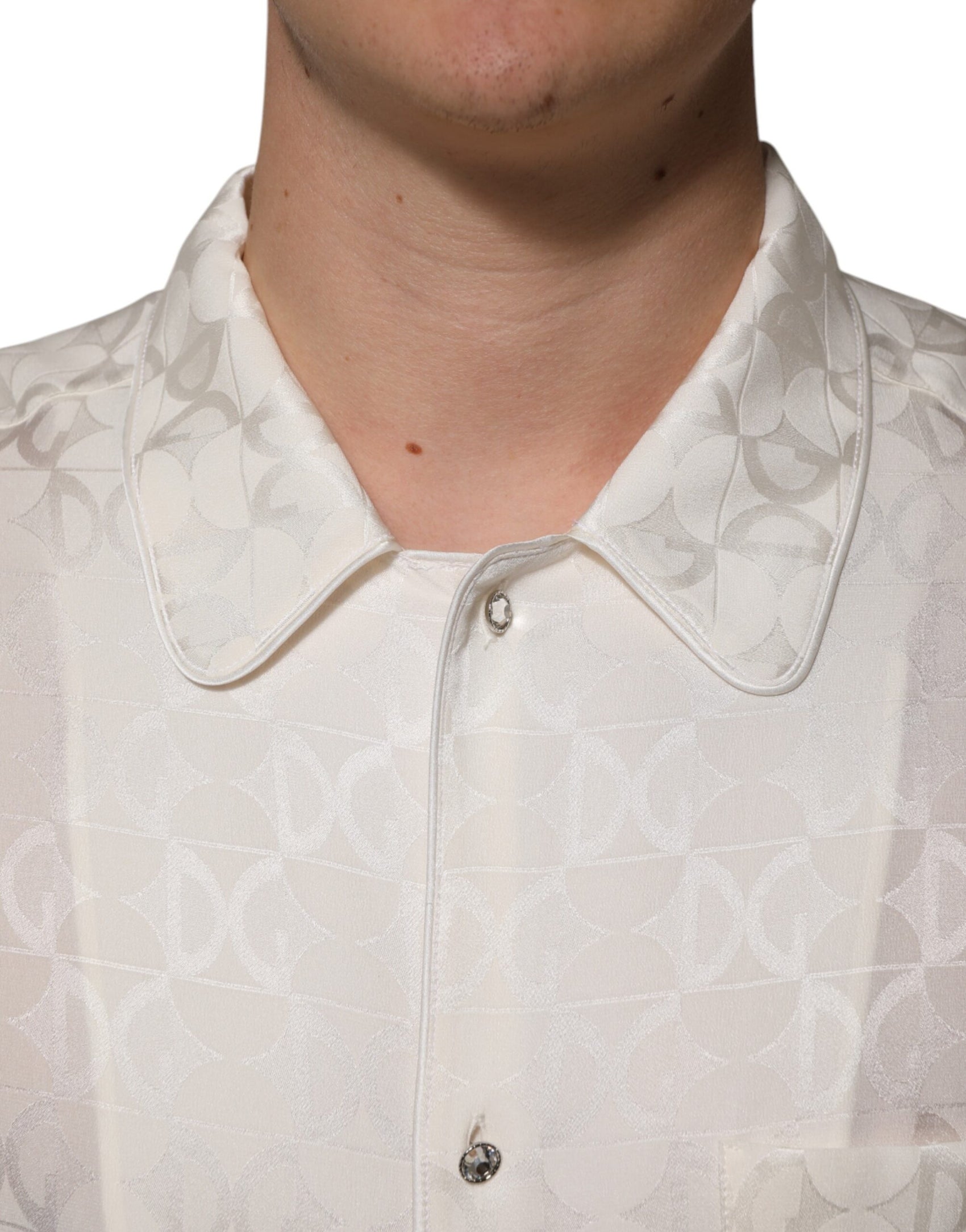 Dolce & Gabbana White Silk DG Logo Print Long Sleeves Shirt