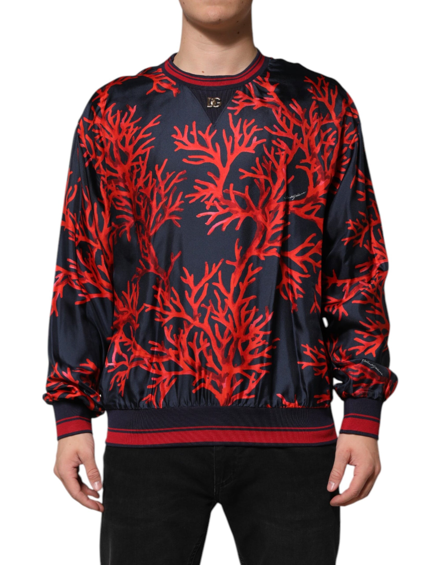 Dolce & Gabbana Navy Red Silk Coral Print Pullover Sweater