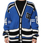 Dolce & Gabbana Blue Cotton Logo Patch Ribbed Knit Cardigan Sweater