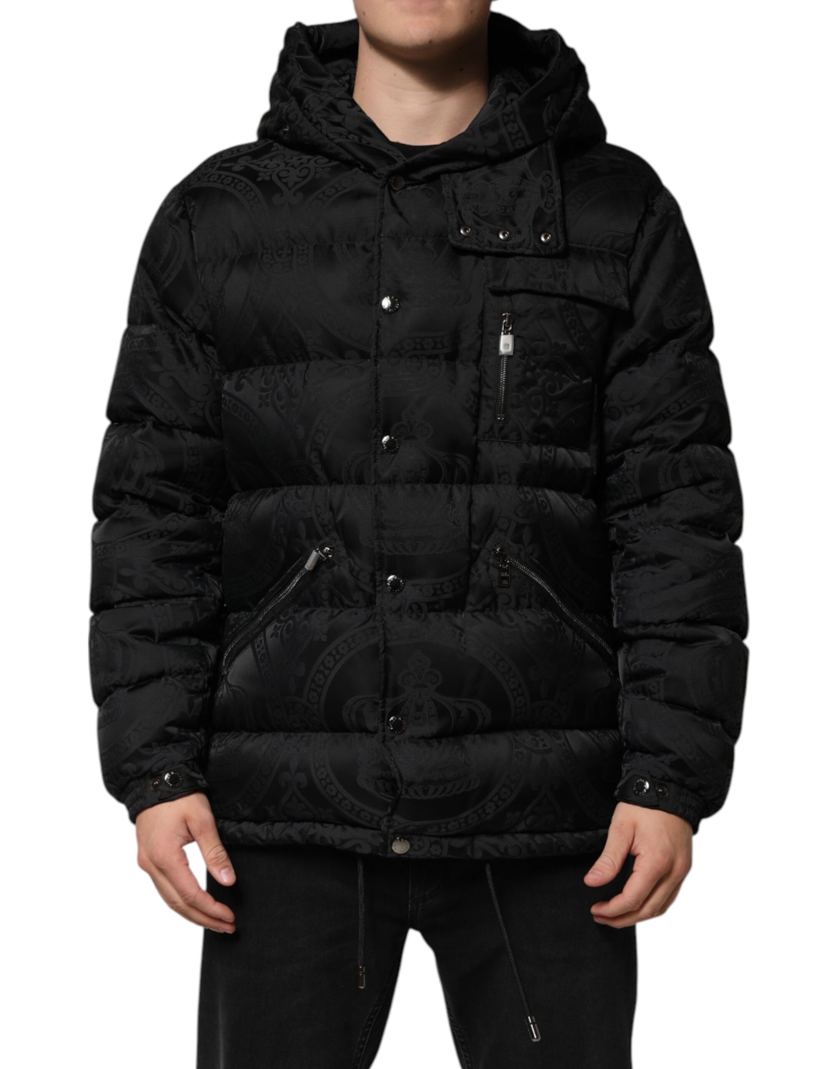 Dolce & Gabbana Black Jacquard Quilted Puffer Hooded Jacket