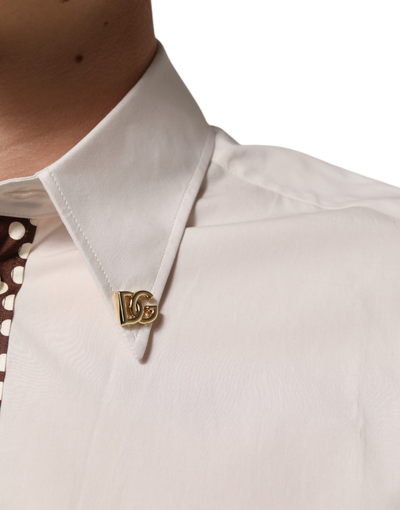 Dolce & Gabbana Cream White Cotton Polka Dot Slim Fit Shirt