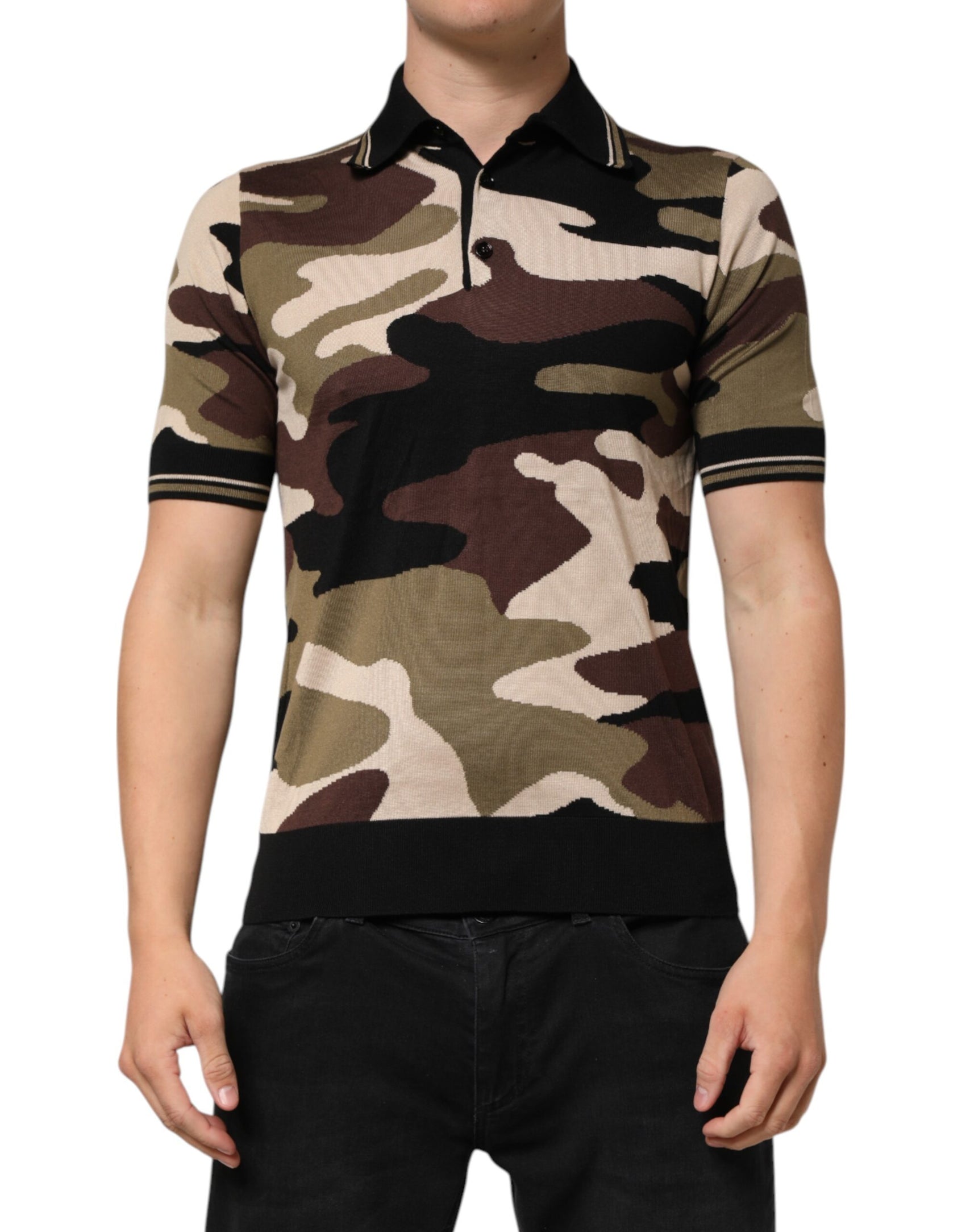 Dolce & Gabbana Camouflage Brown Silk MilitaryPolo T-shirt