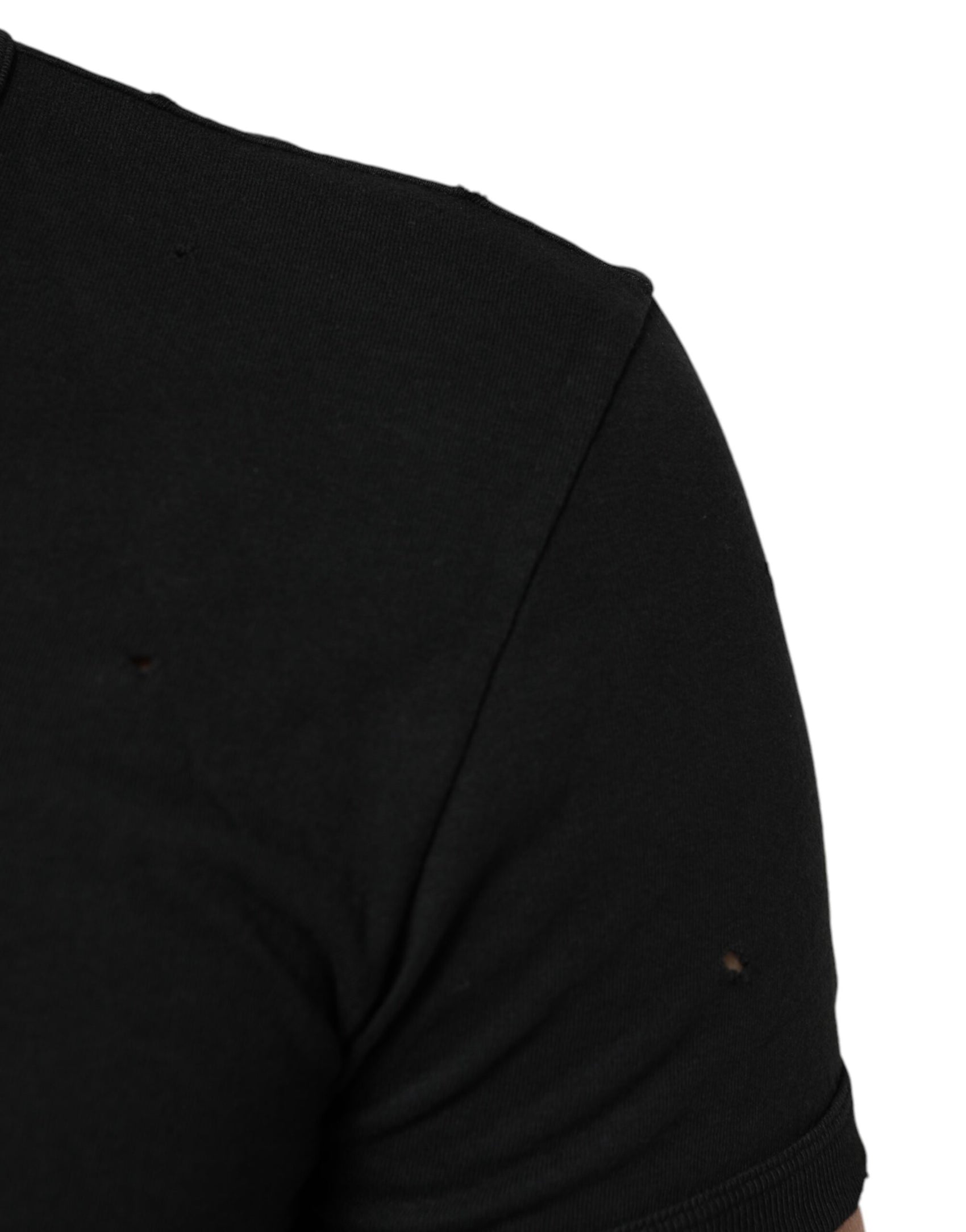 Dolce & Gabbana Black Cotton Tattered Logo V-Neck Men T-shirt