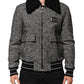 Dolce & Gabbana Gray Wool Herringbone Shearling Collar Bomber Jacket