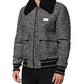 Dolce & Gabbana Gray Wool Herringbone Shearling Collar Bomber Jacket