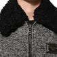Dolce & Gabbana Gray Wool Herringbone Shearling Collar Bomber Jacket