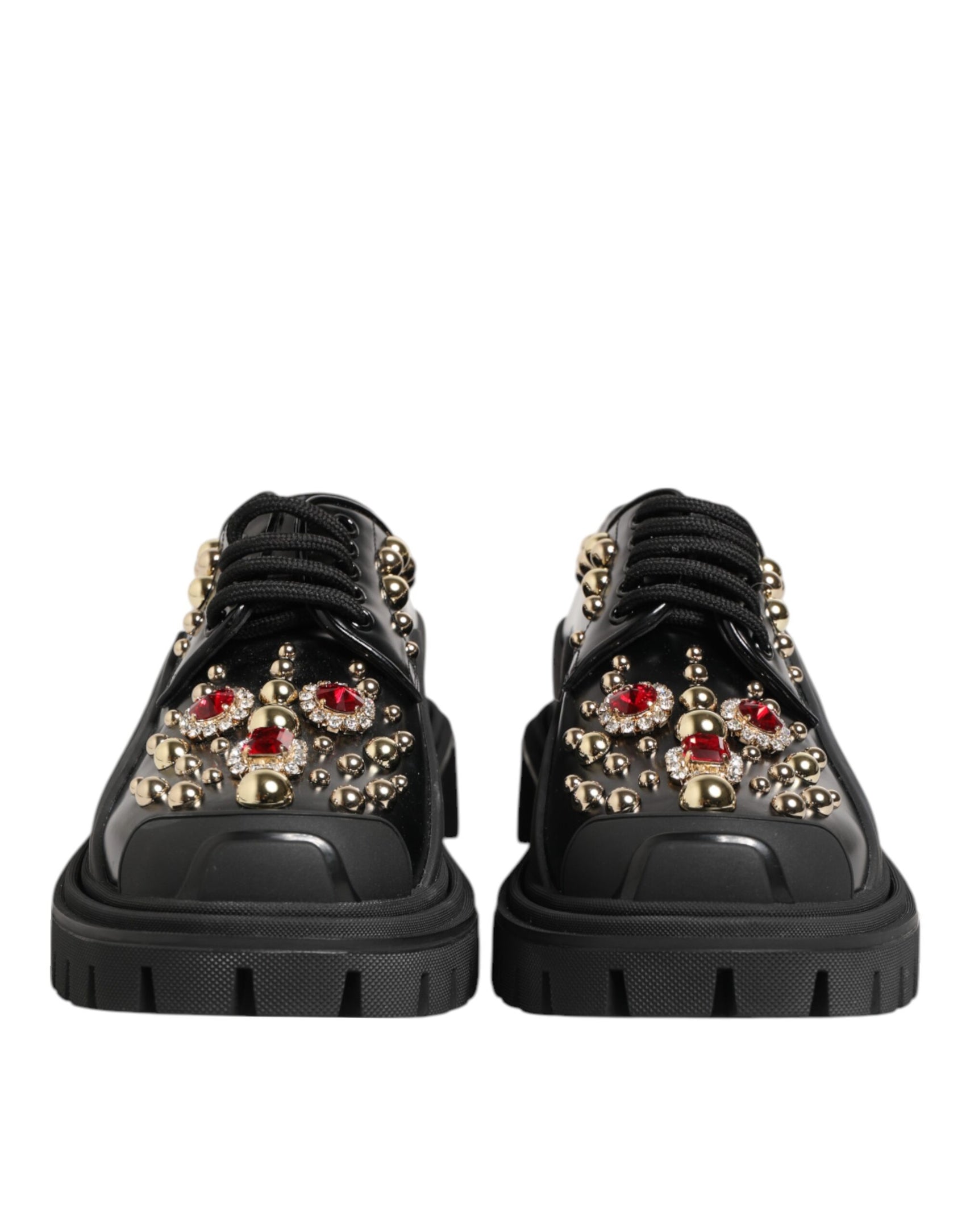Dolce & Gabbana Black Leather Jeweled Crystals Derby Shoes