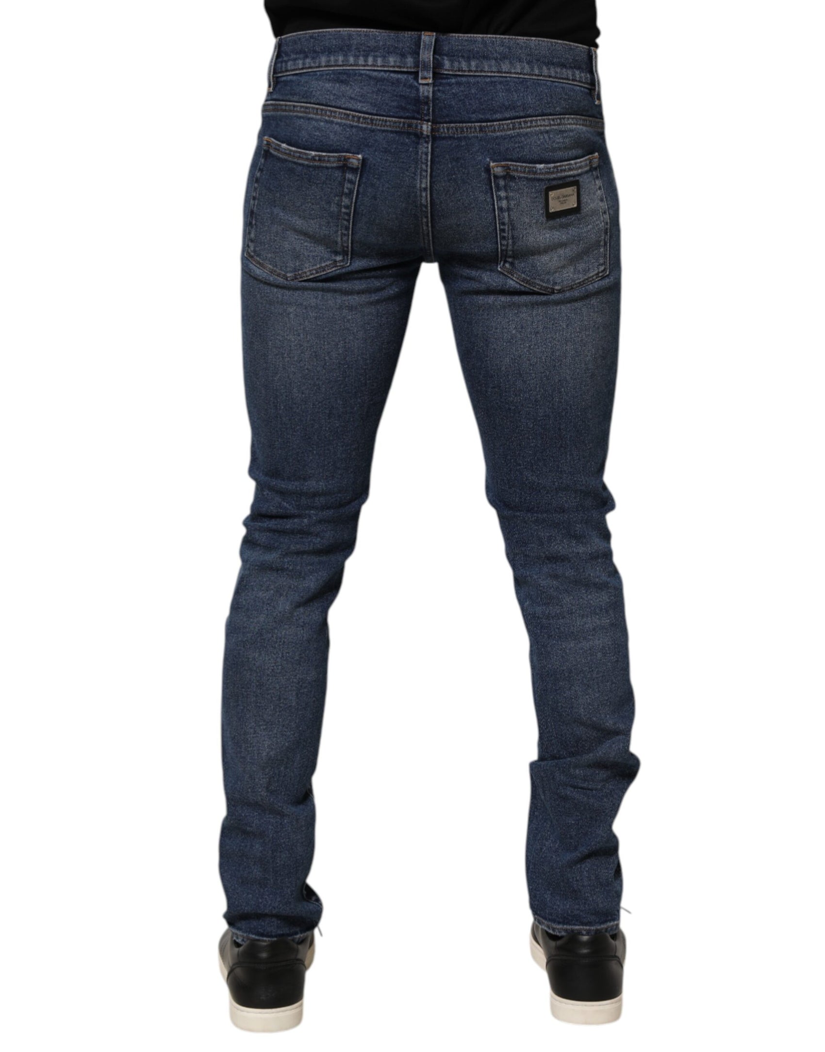 Dolce & Gabbana Blue Cotton Logo Plaque Skinny Men Denim Jeans