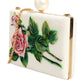 Dolce & Gabbana White Rose Embroidery Silk Gold Frame Clutch Purse Bag