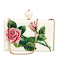 Dolce & Gabbana White Rose Embroidery Silk Gold Frame Clutch Purse Bag