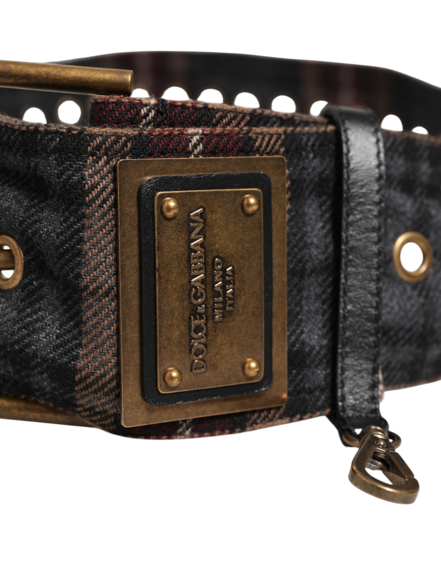 Dolce & Gabbana Plaid Fabric Logo Plate Brass Buckle Belt