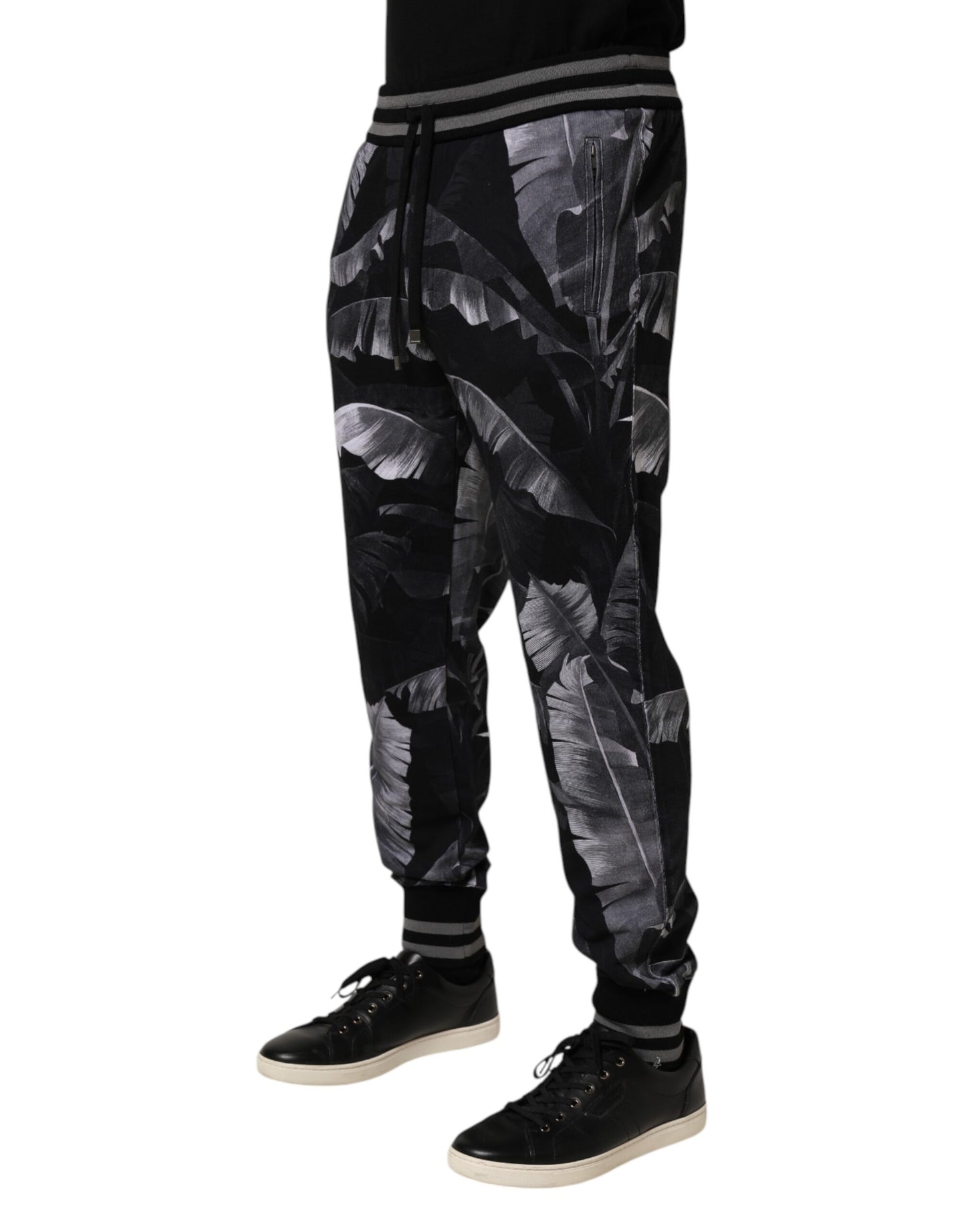 Dolce & Gabbana Black Banana Leaf Cotton Jogger Trouser Pants
