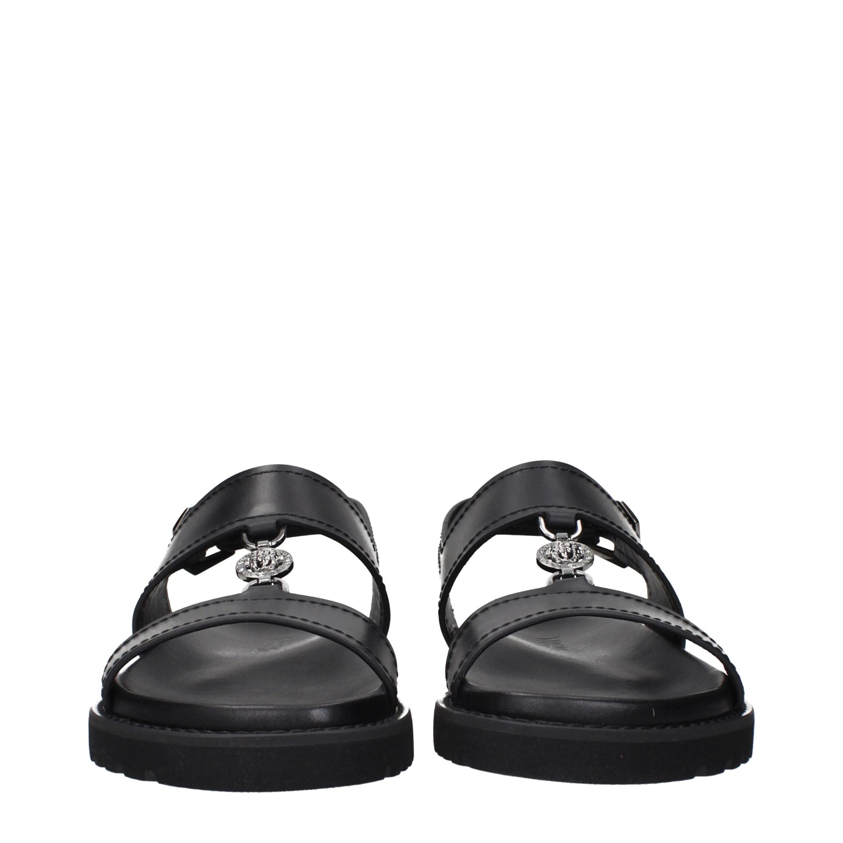 Versace Black Leather Flat Sandals