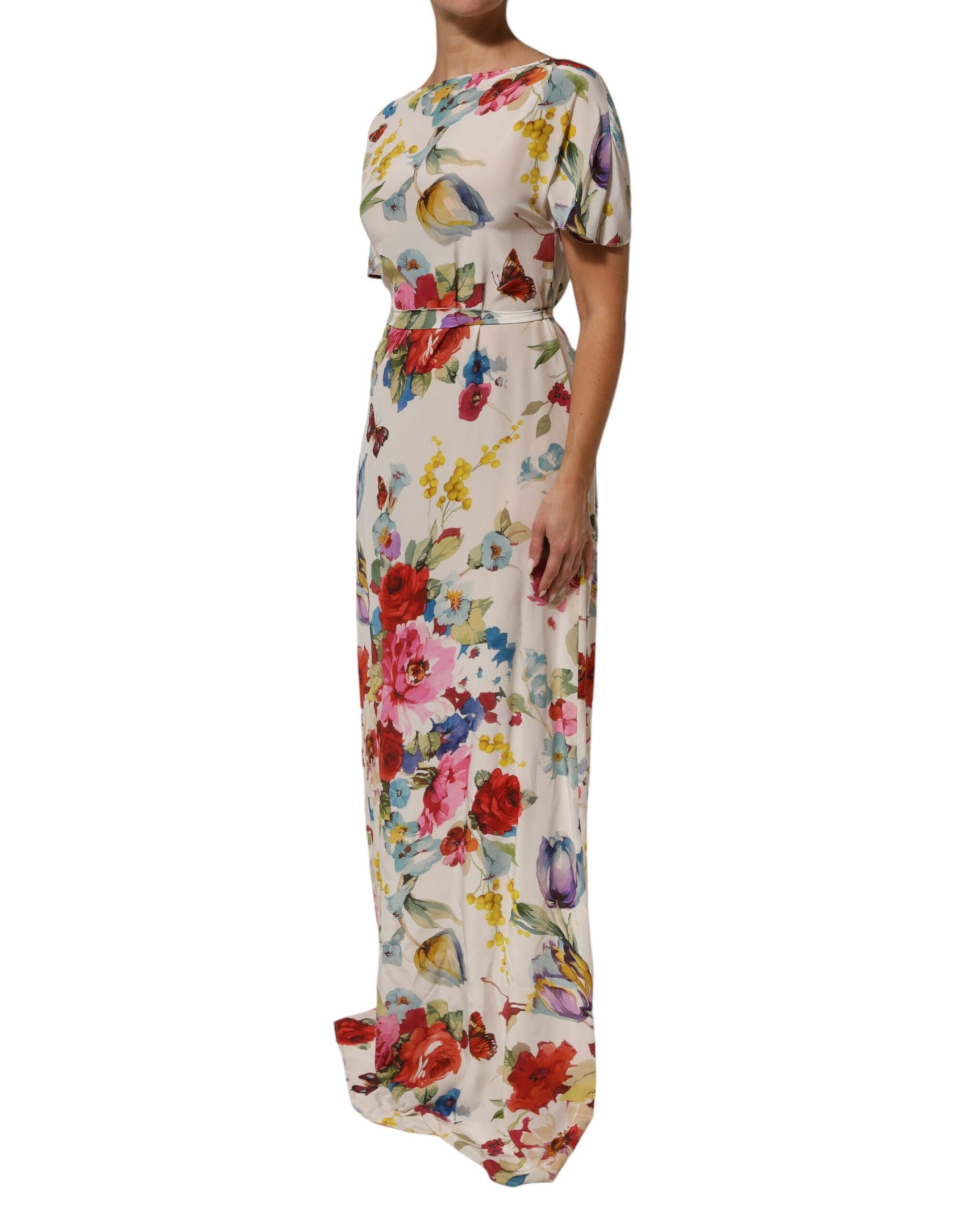 Dolce & Gabbana White Floral Print Silk Sheath LongGown Dress