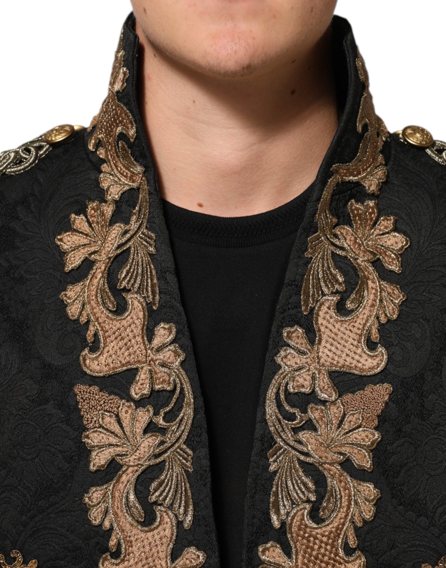 Dolce & Gabbana Black Brocade Embroidery Men Coat Jacket