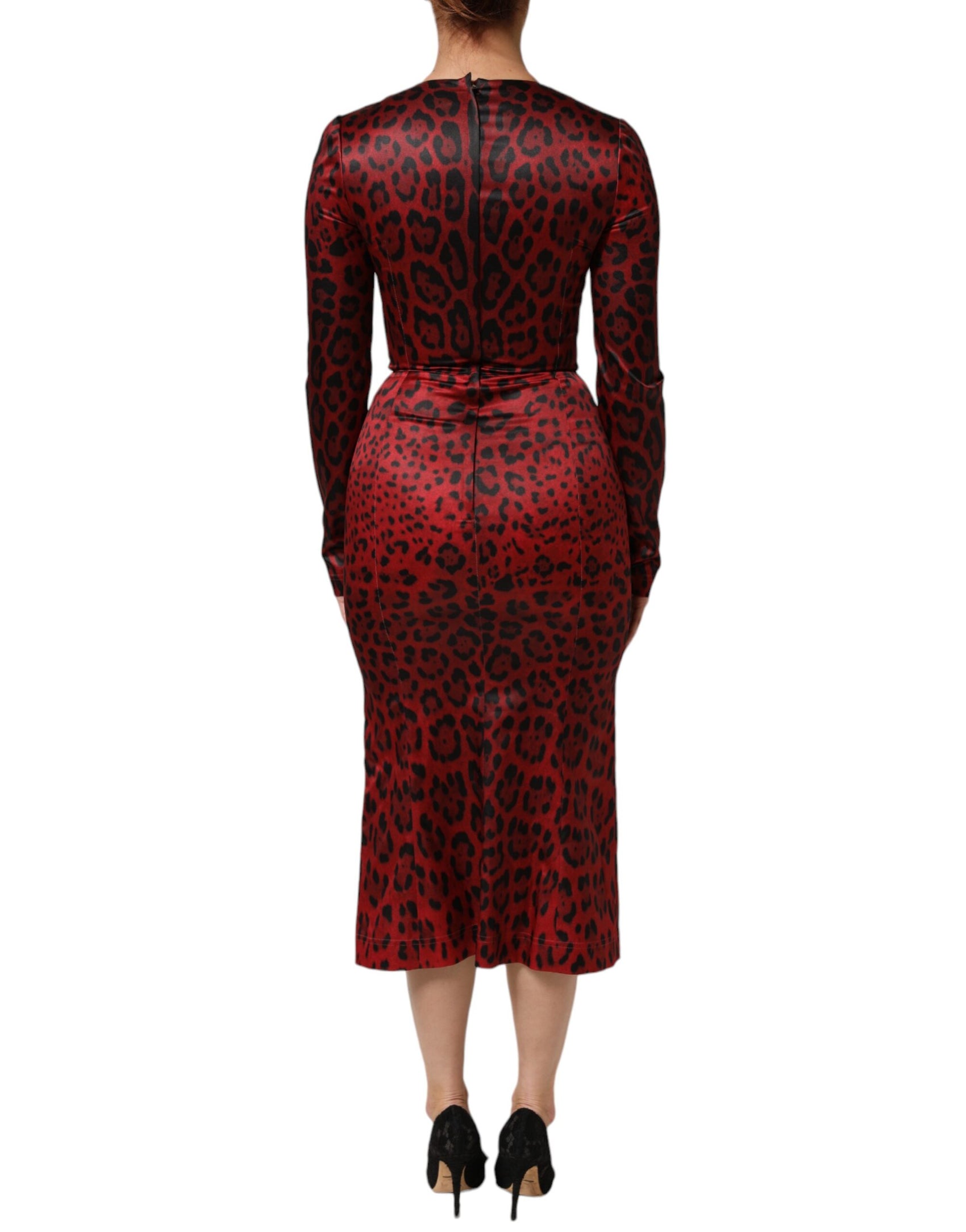 Dolce & Gabbana Red Leopard Sheath Long Sleeves Dress