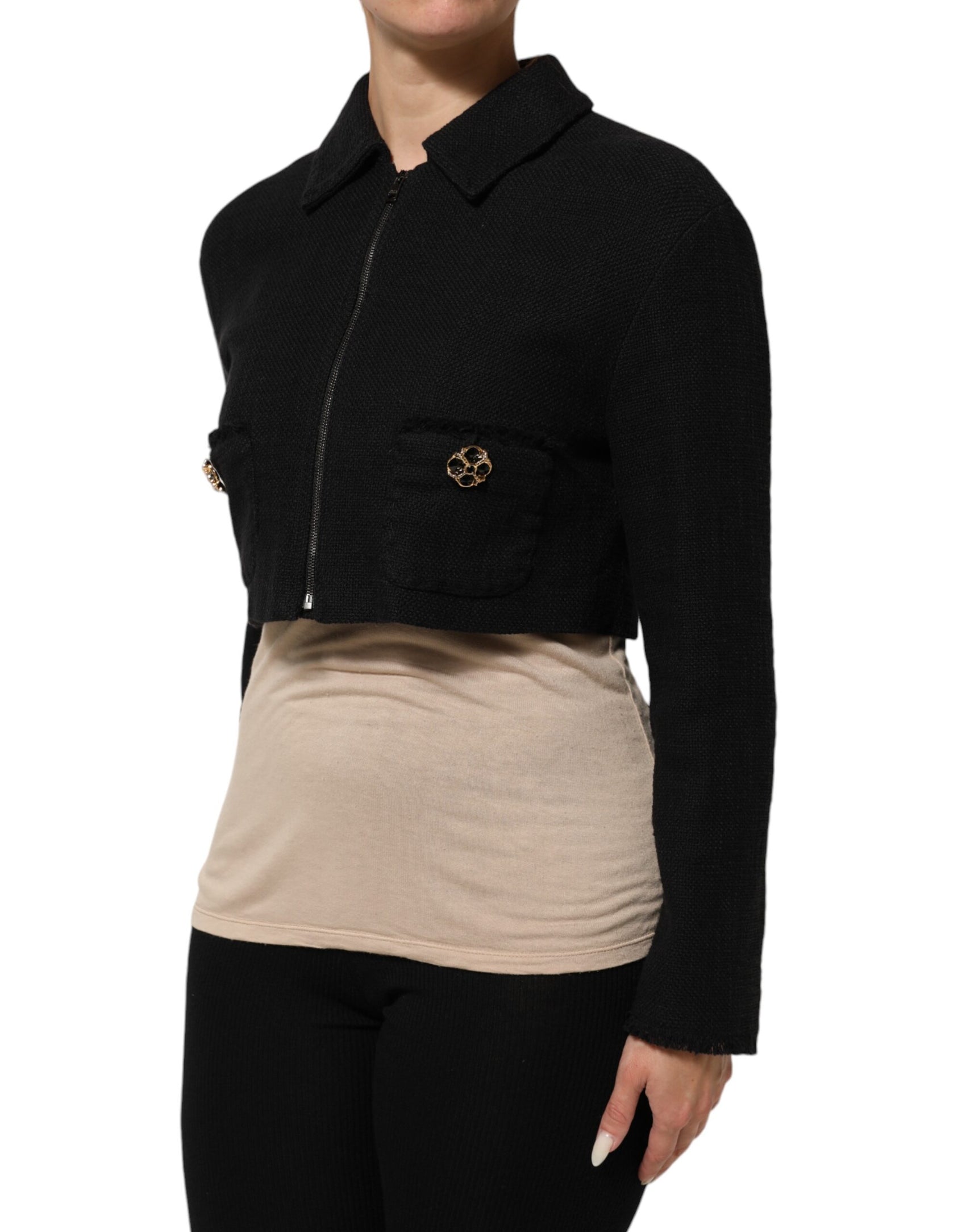 Dolce & Gabbana Black Cotton Full Zip Cropped Coat Jacket