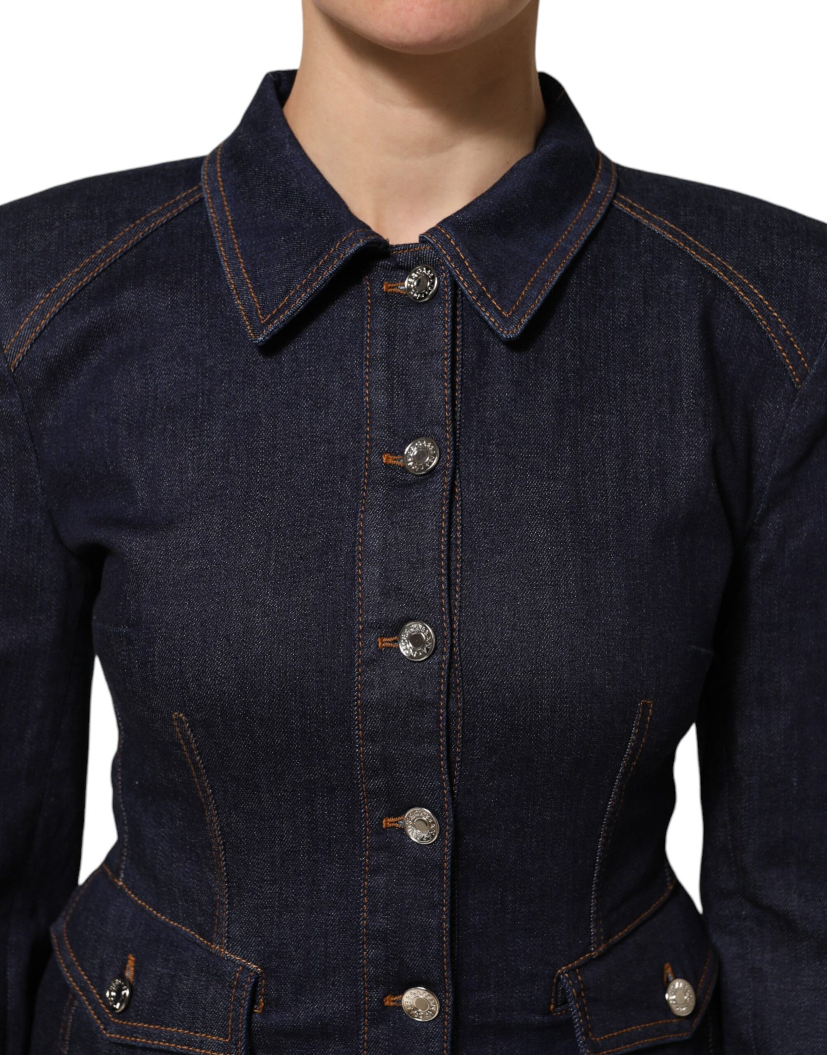 Dolce & Gabbana Dark Blue Cotton Collared Denim Coat Jacket