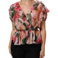 Dolce & Gabbana Pink Camellias Printed Silk V-neck Blouse Top