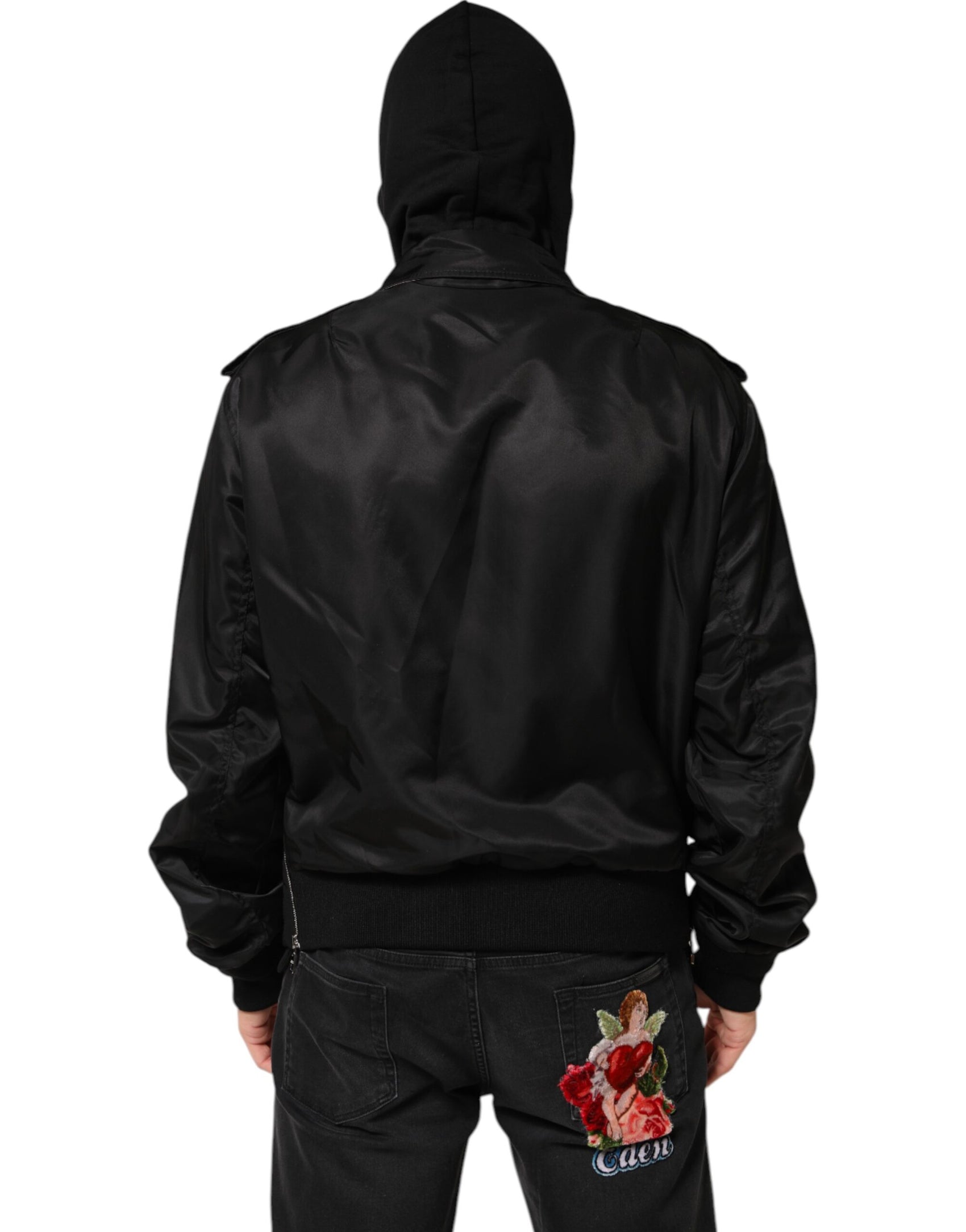 Dolce & Gabbana Black Cotton Hooded Full Zip Bomber Jacket