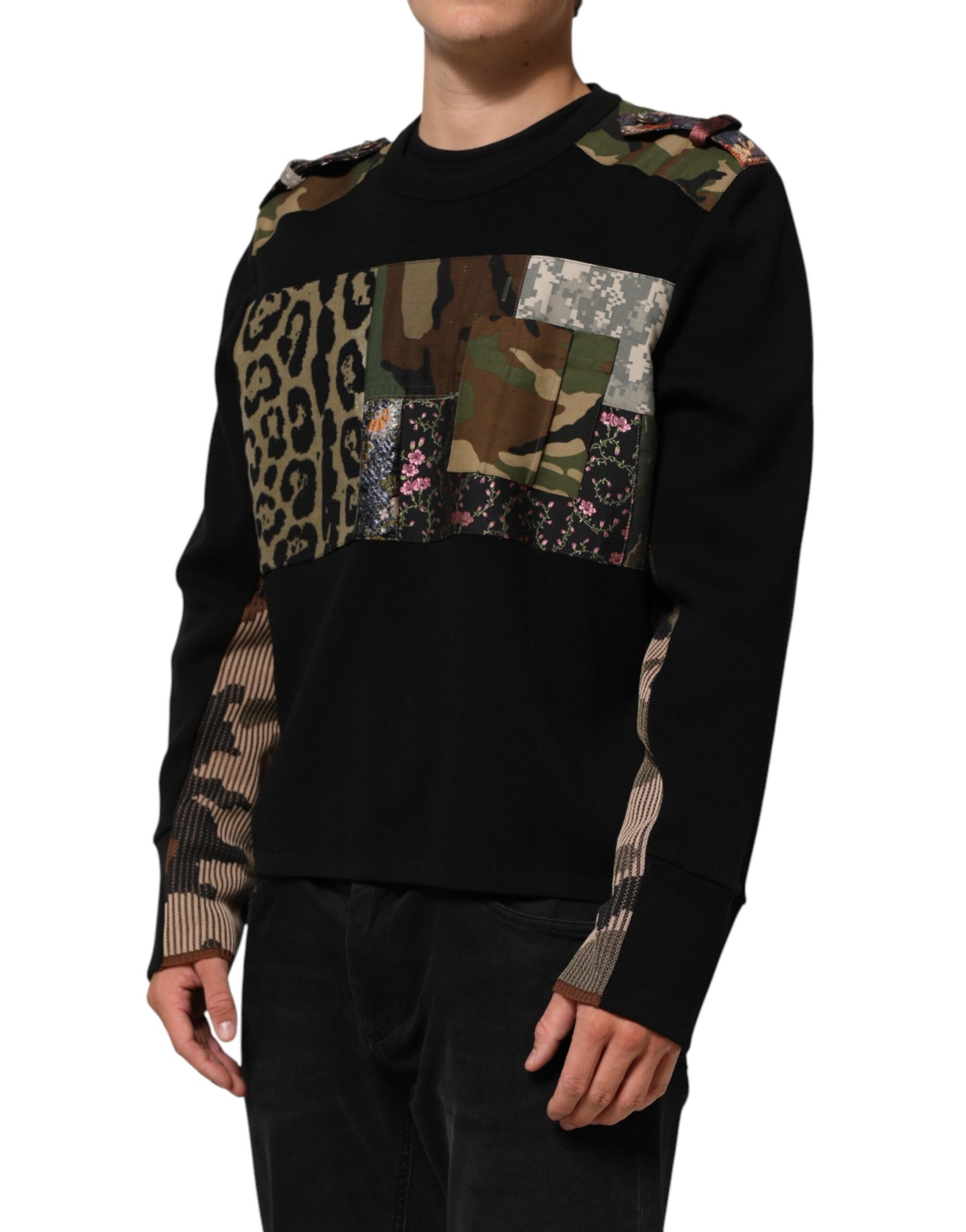Dolce & Gabbana Black Patchwork Crew Neck Pullover Sweater