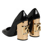 Dolce & Gabbana Black Gold Patent Leather Logo Heels Pumps Shoes