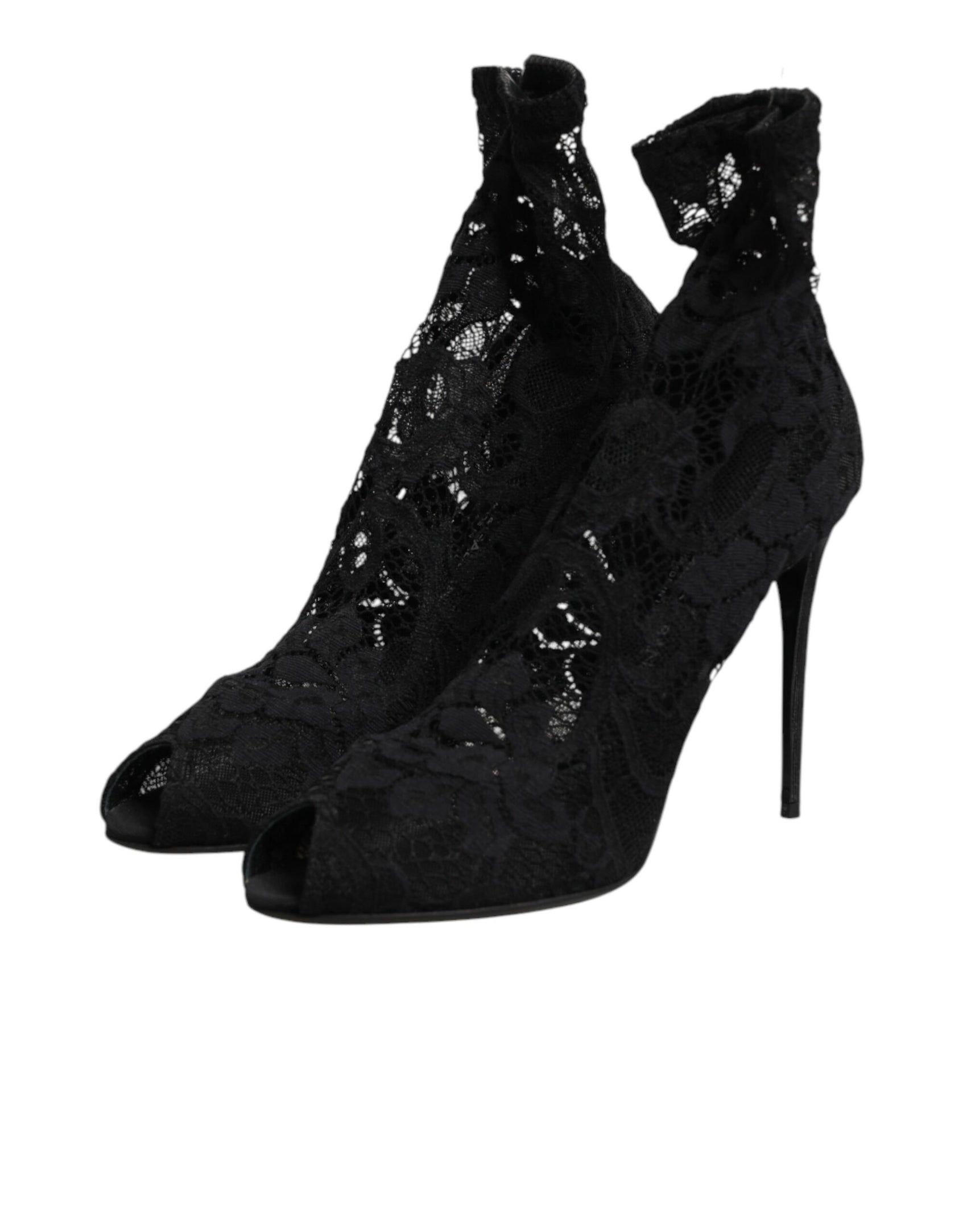 Dolce & Gabbana Black Stretch Taormina Lace Boots Shoes