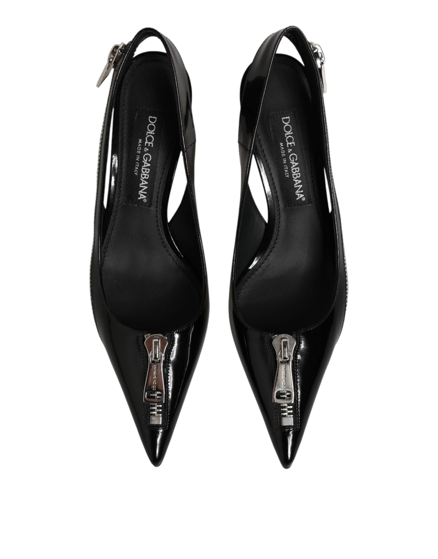 Dolce & Gabbana Black Zipper Leather Heels Slingbacks Shoes