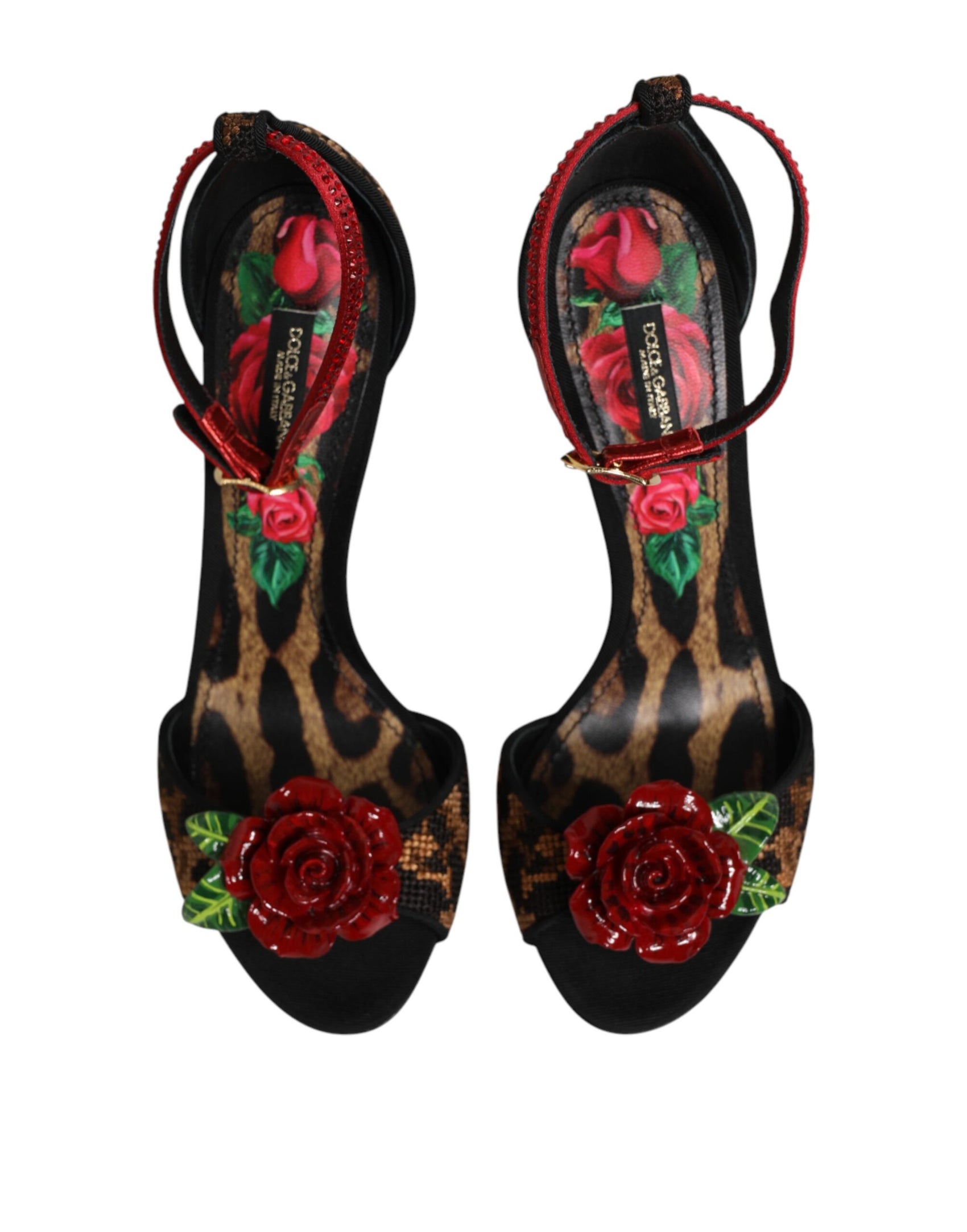 Dolce & Gabbana Brown Leopard Crystal Roses Sandals Shoes