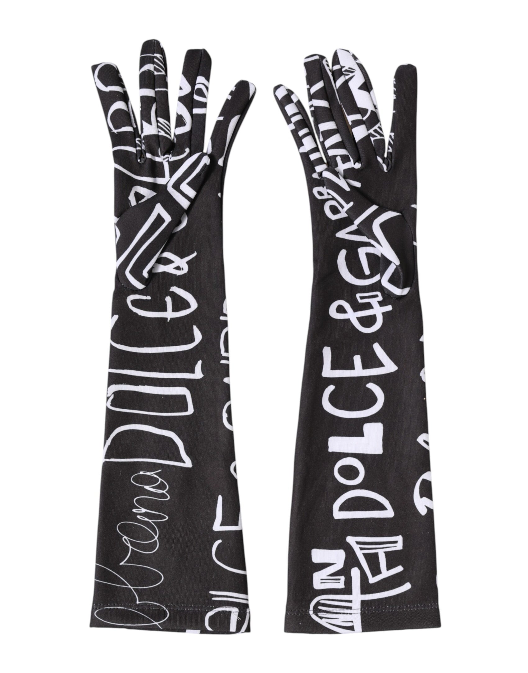 Dolce & Gabbana Black White DG Logo Elbow Length Mitten Gloves