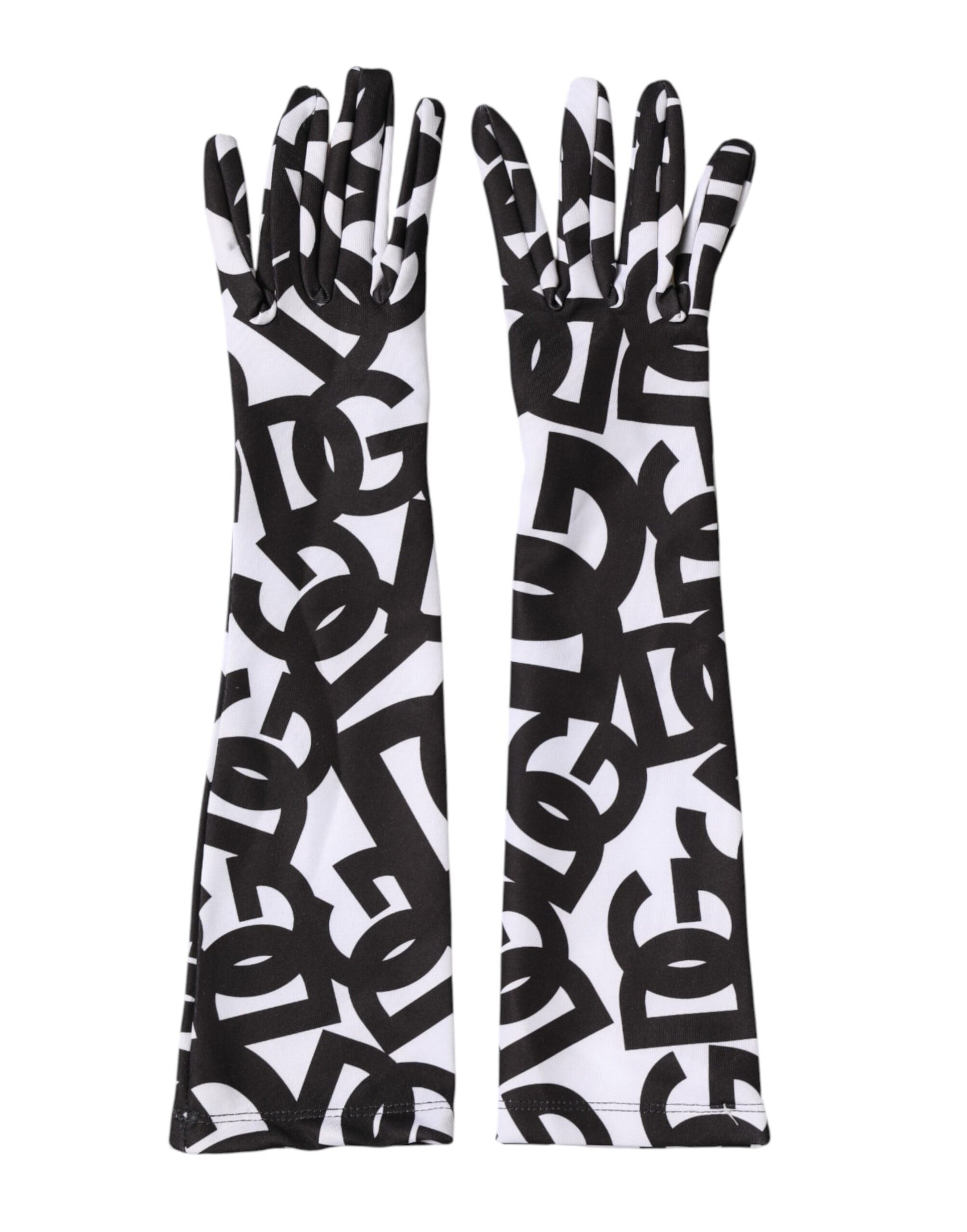 Dolce & Gabbana Black White DG Logo Elbow Length Mitten Gloves