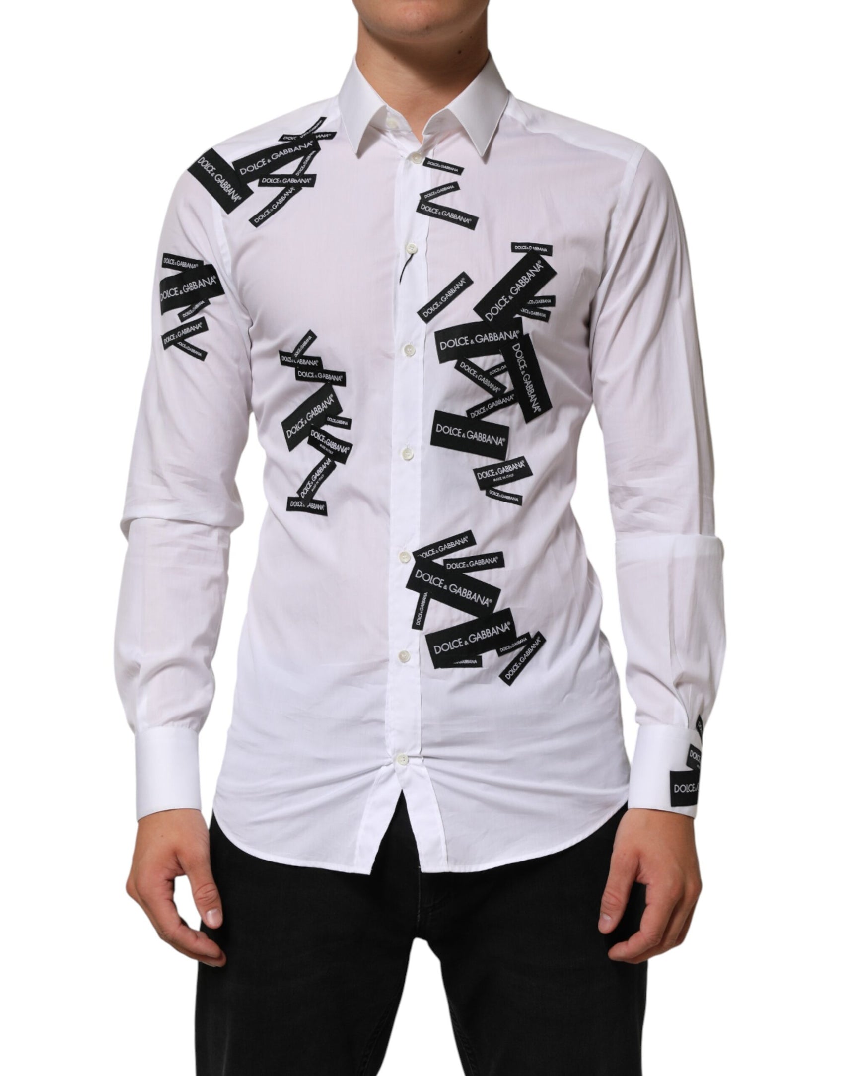 Dolce & Gabbana White Logo Cotton Collared GOLD Dress Shirt