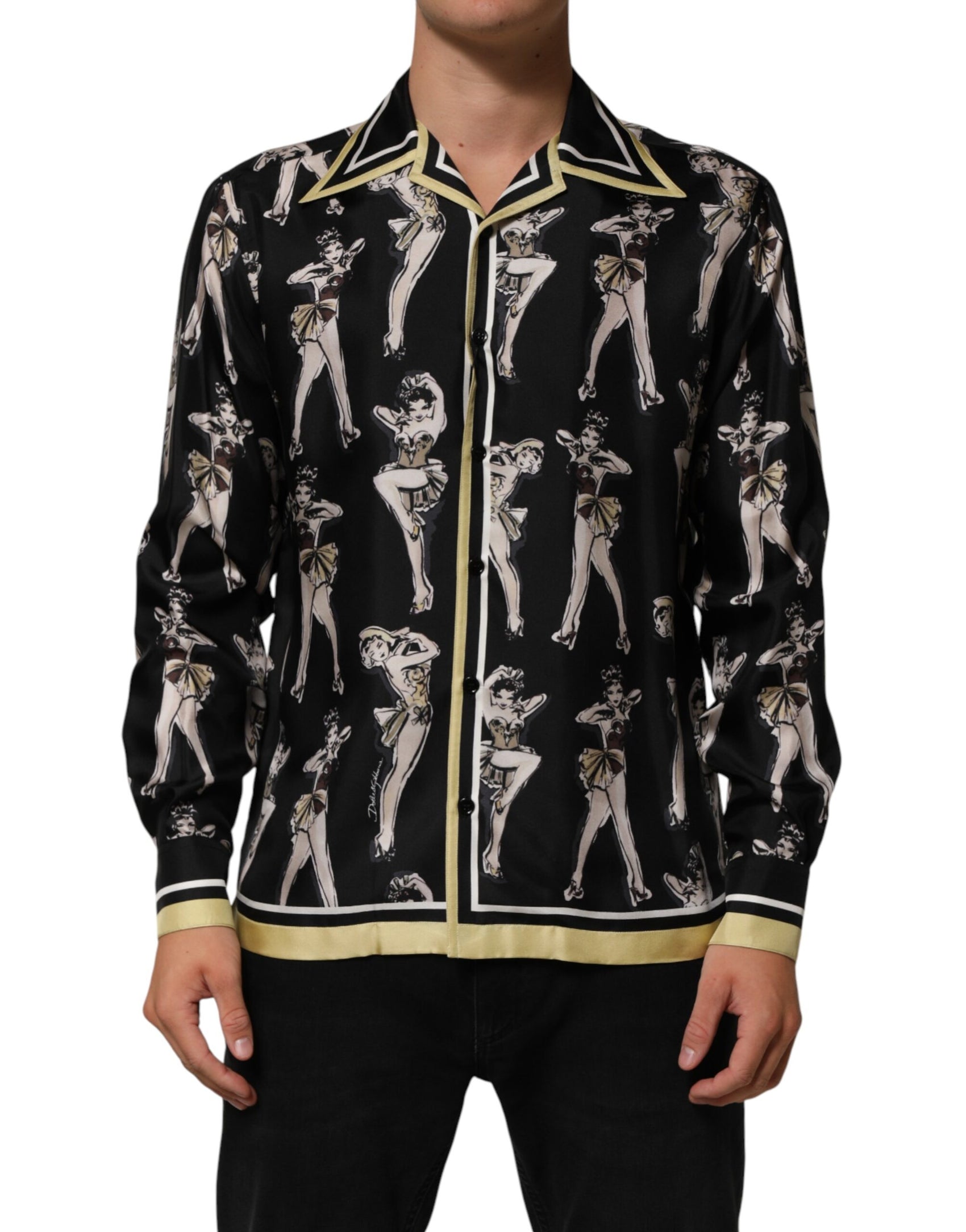Dolce & Gabbana Black Silk Pin Up Printed Button Down Shirt