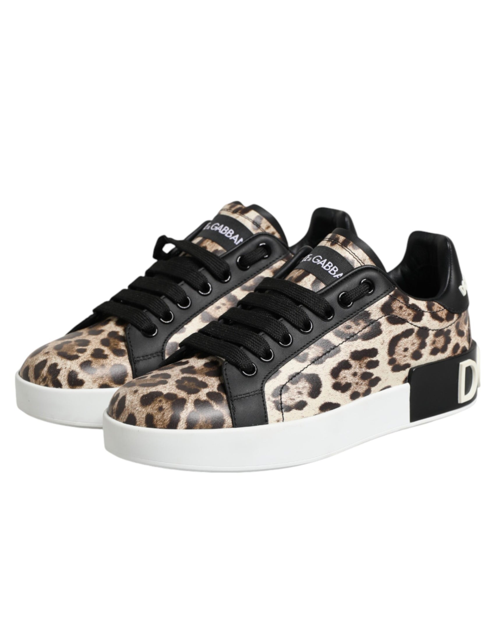 Dolce & Gabbana Brown Leather Leopard Low Top Sneakers Shoes