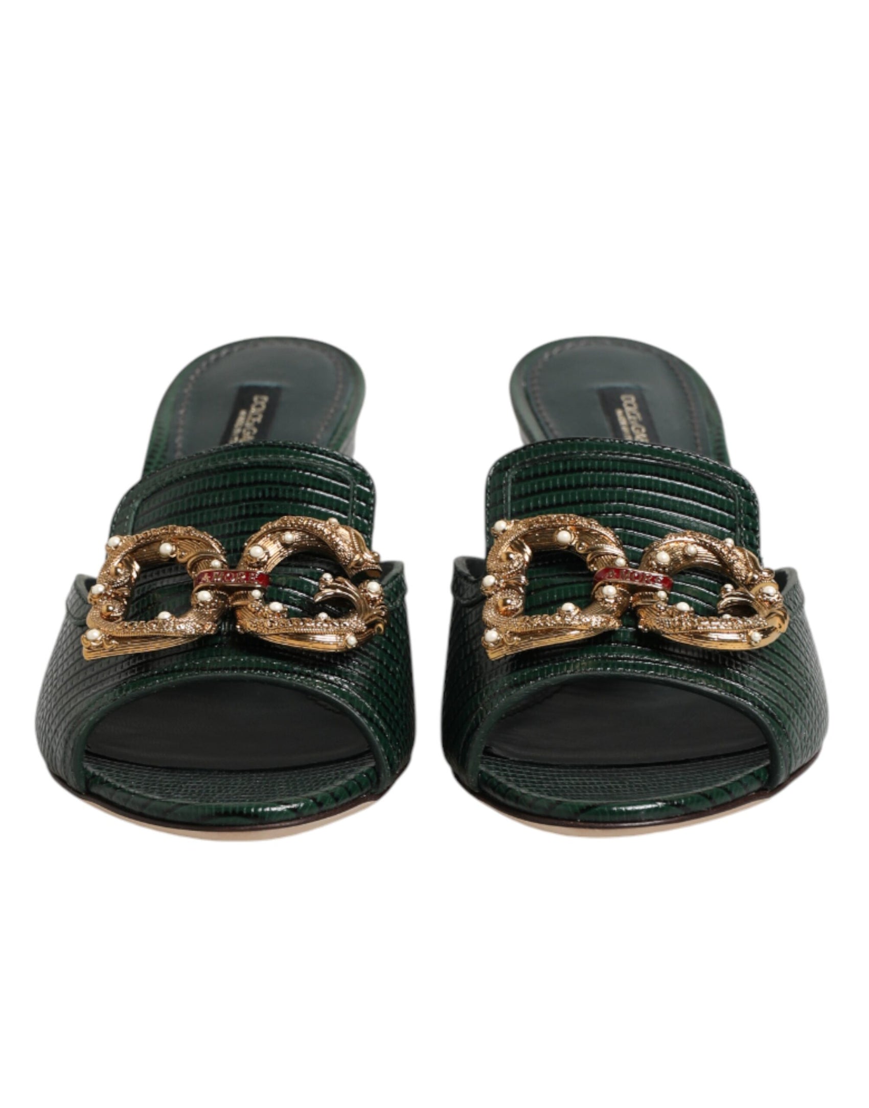 Dolce & Gabbana Green DG Amore Heel Slides Sandals Shoes