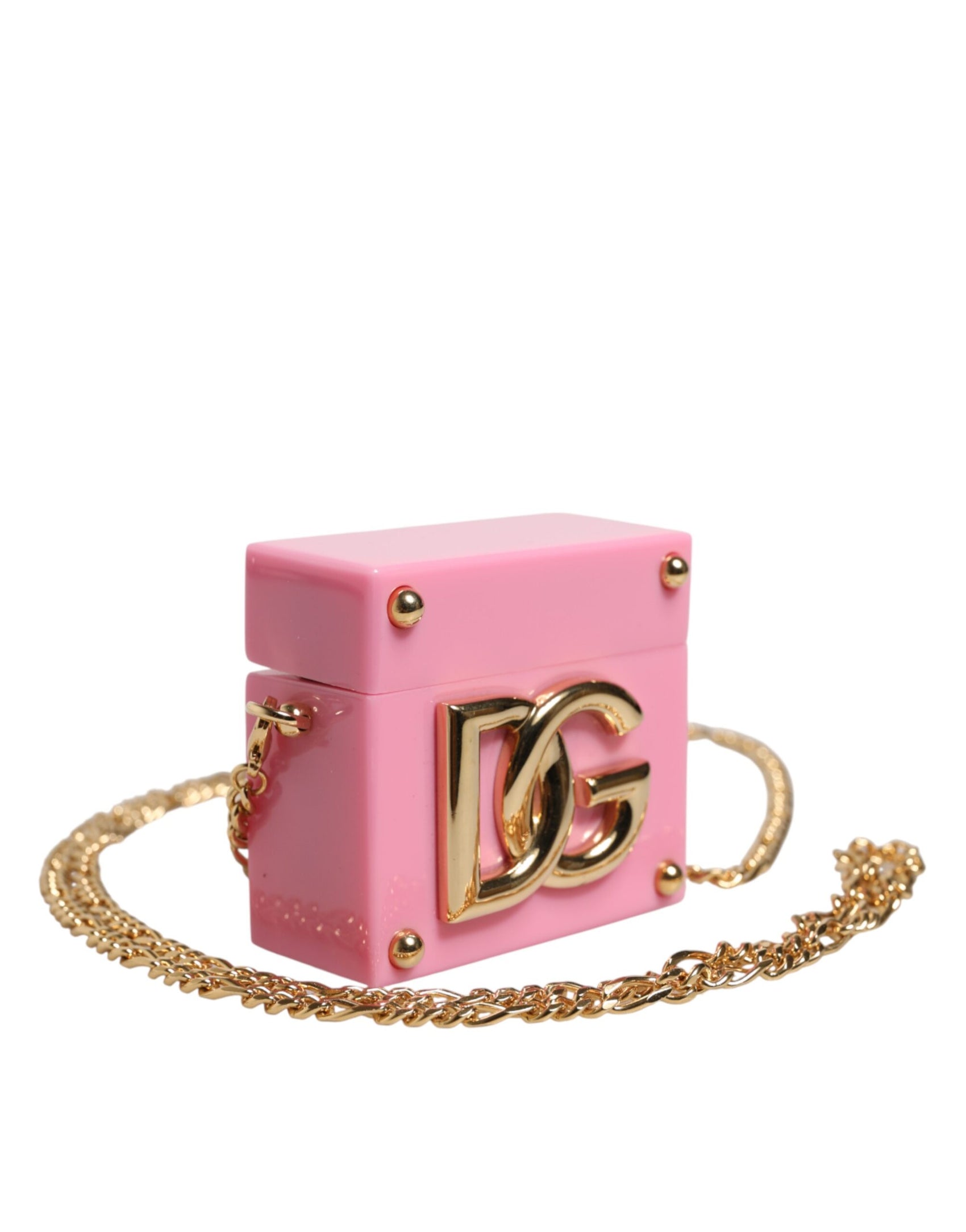 Dolce & Gabbana Pink DG Logo Plaque Cover Gold Chain Airpods Case
