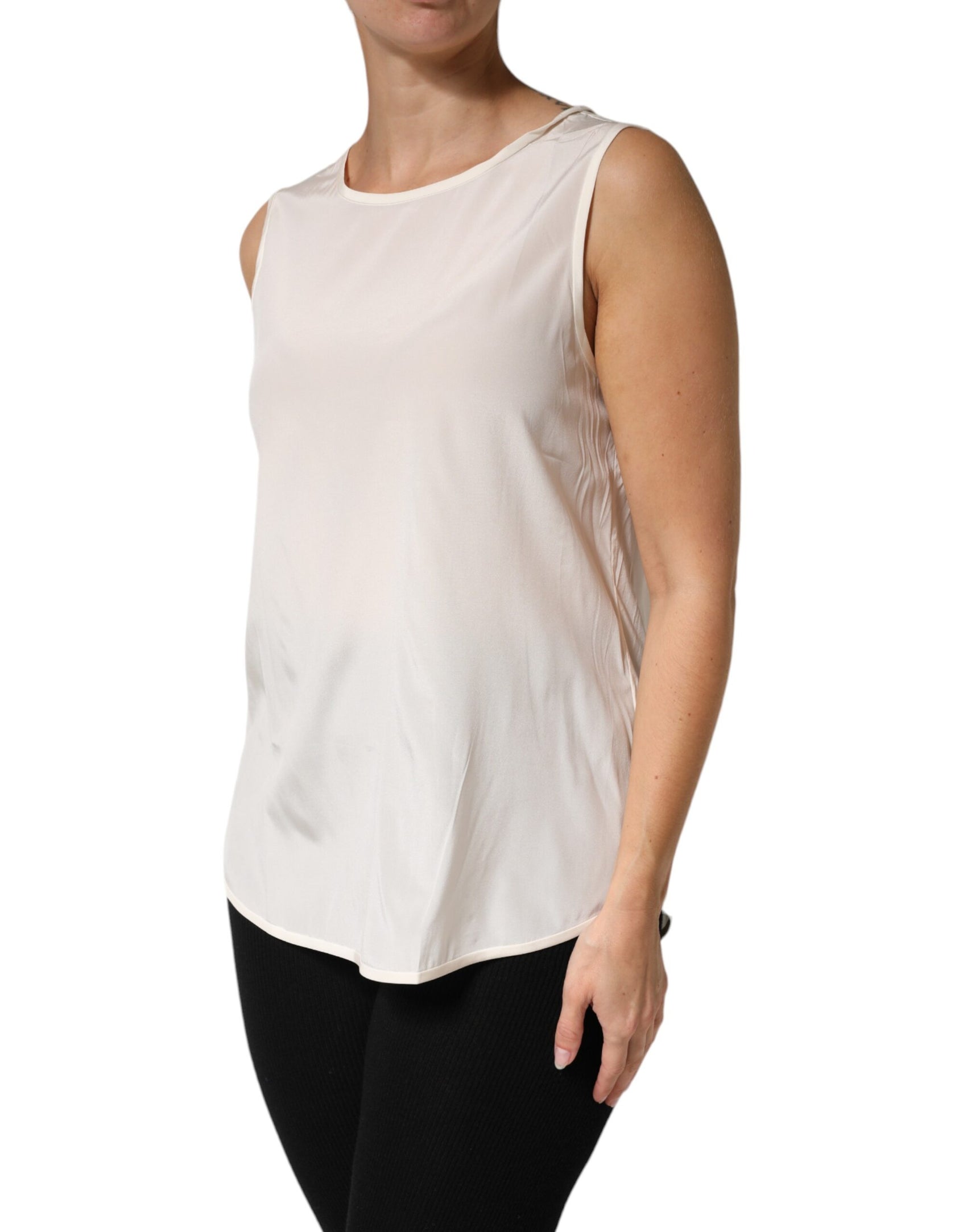 Peserico Off White Silk Stretch Roundneck Sleeveless Tank Top