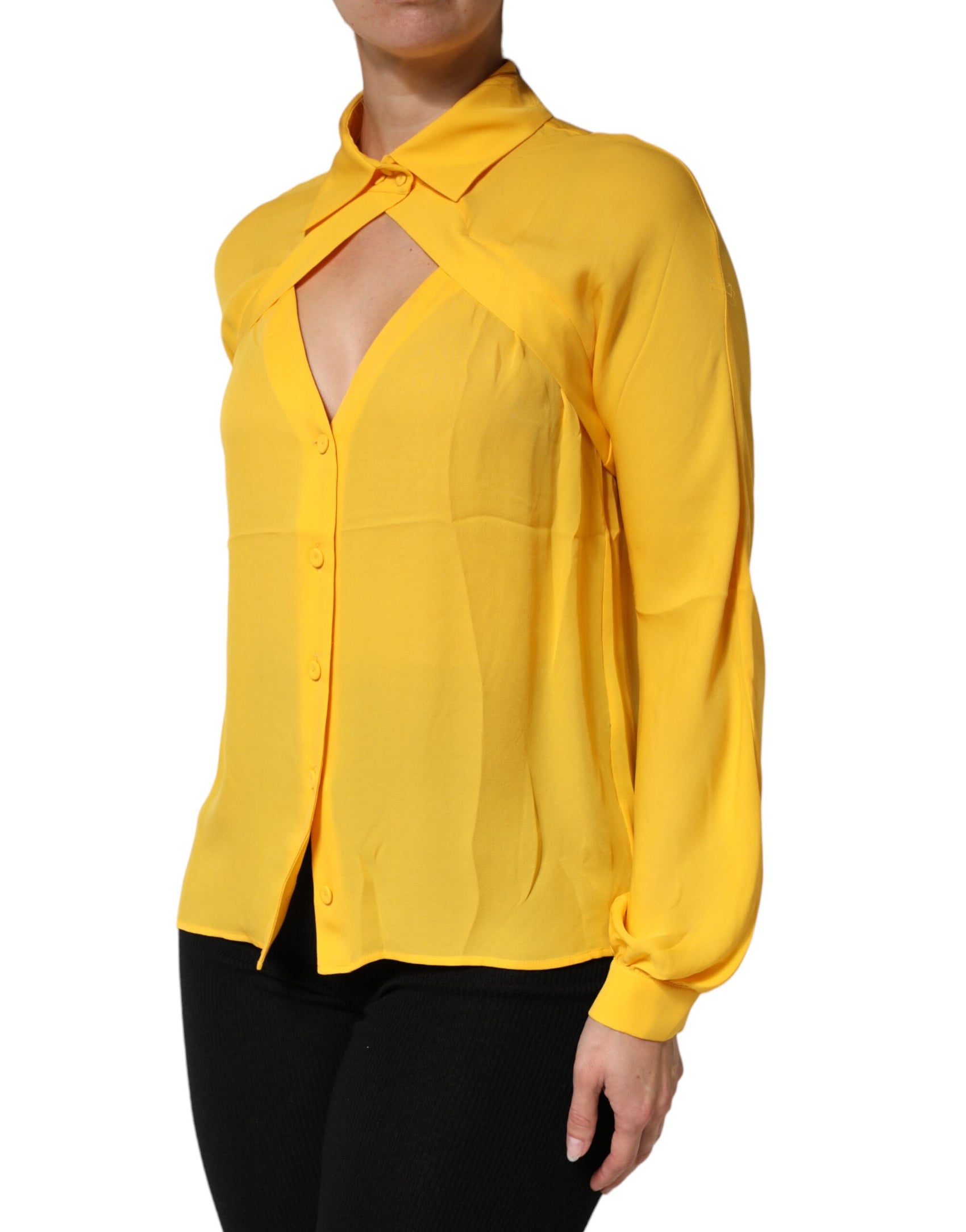 Moschino Couture Yellow Silk Collared Long Sleeves  Top