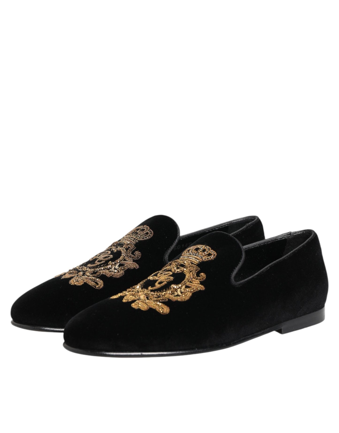 Dolce & Gabbana Black Velvet Gold Crown Mens Loafers Shoes
