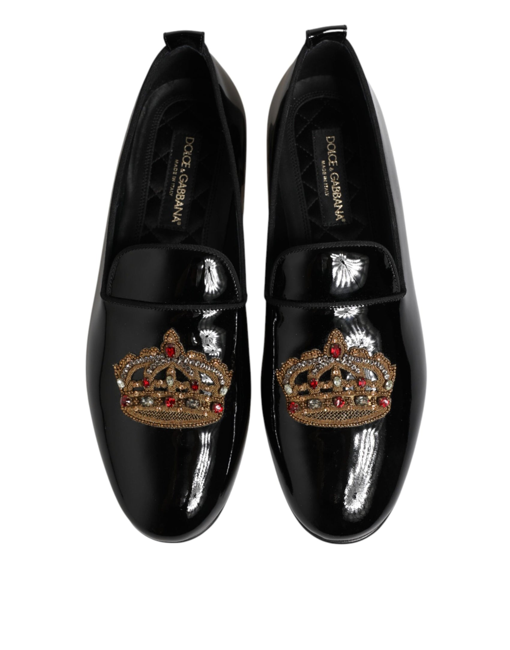 Dolce & Gabbana Black Leather Gold Crown Mens Loafers Shoes