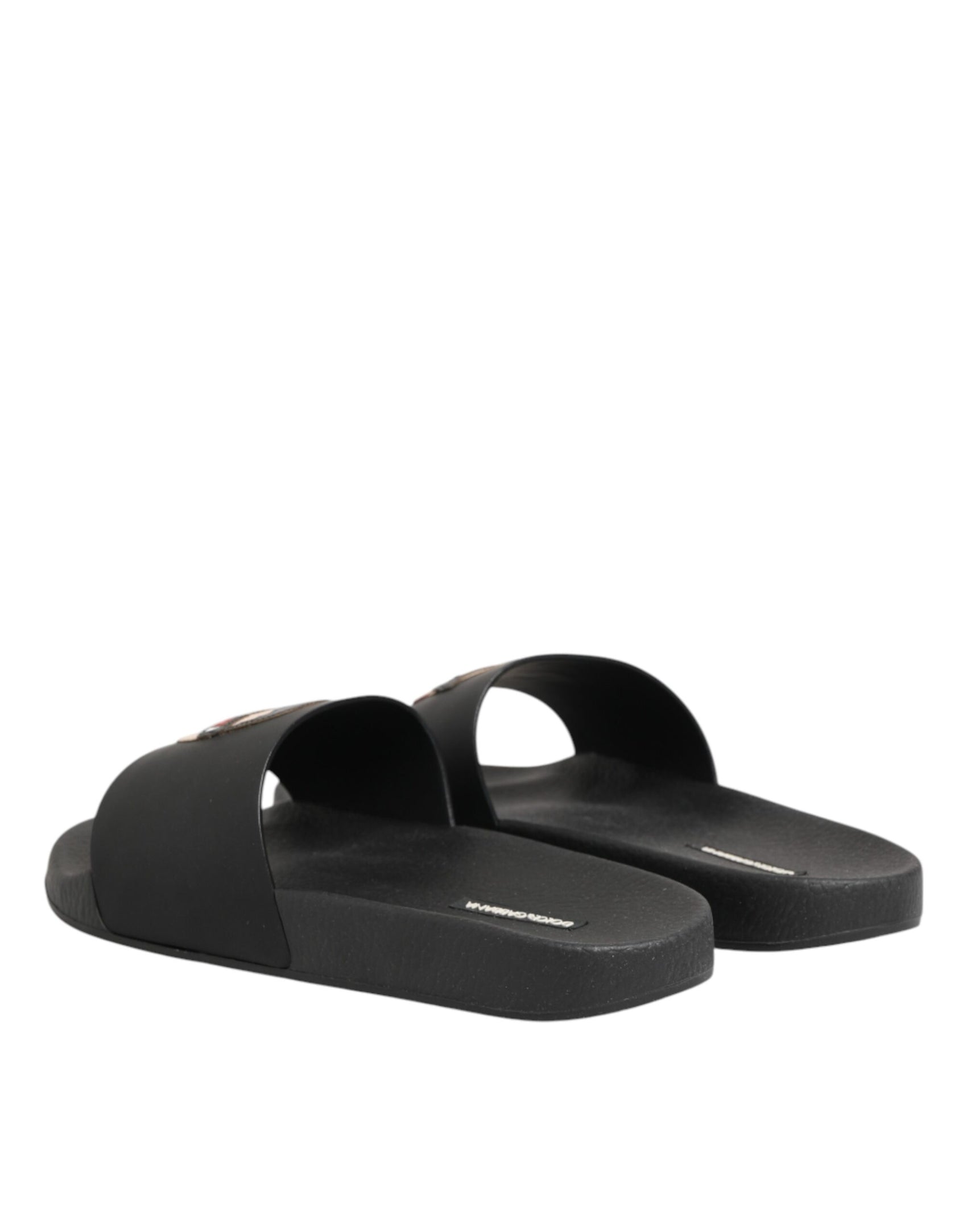 Dolce & Gabbana Black Leather Slides Sandals Beachwear Shoes