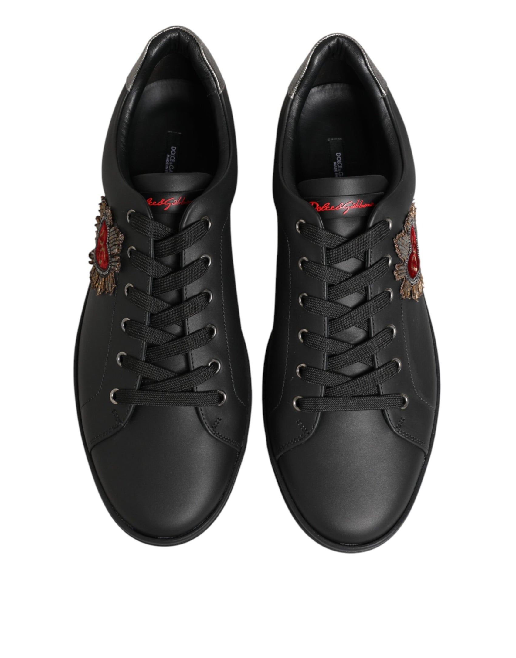 Dolce & Gabbana Black Leather Heart Embellished Sneakers Shoes