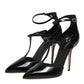 Dolce & Gabbana Black Leather T-STRAPS Heels Sandals Shoes