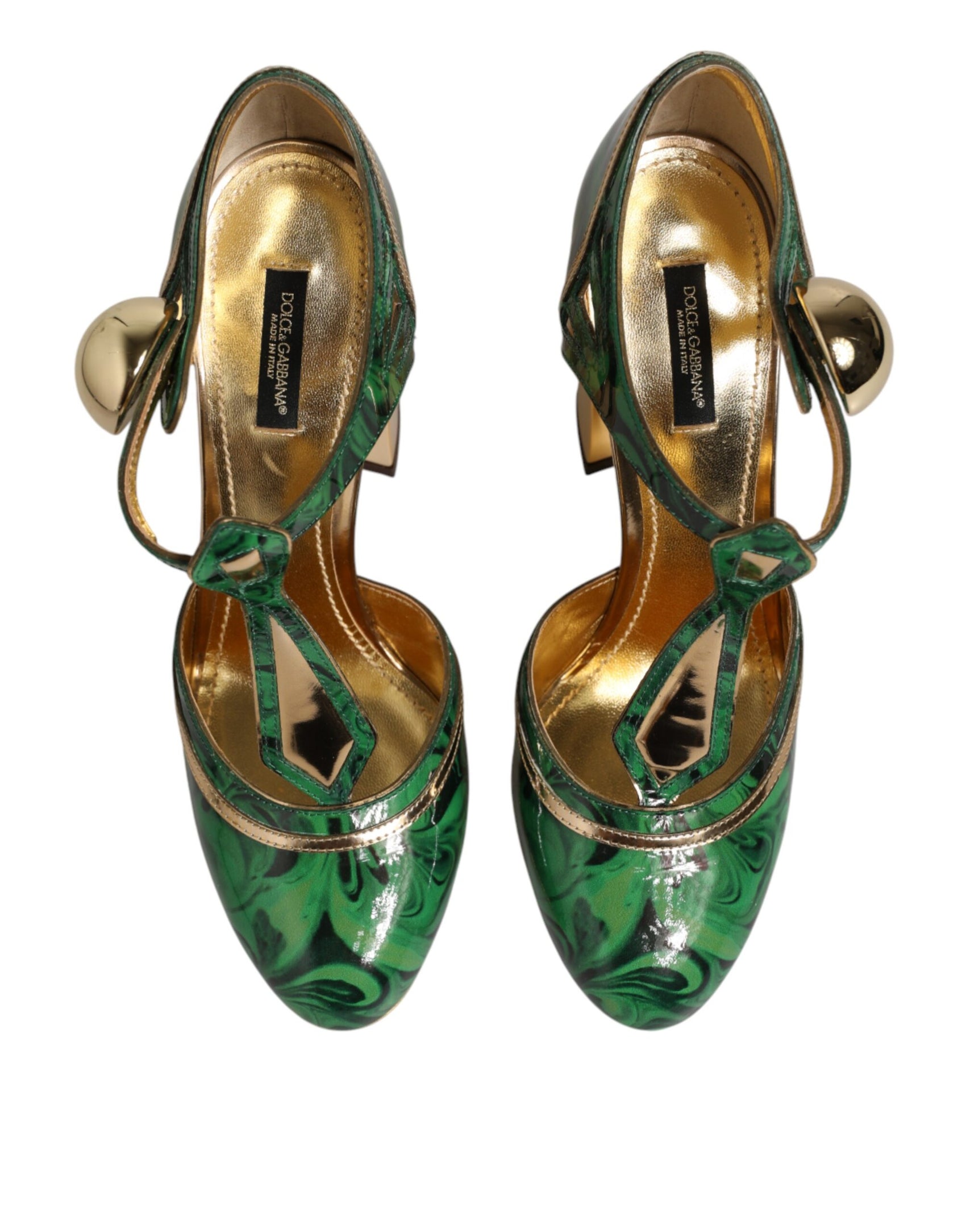 Dolce & Gabbana Green Leather T-STRAPS Heels Sandals Shoes