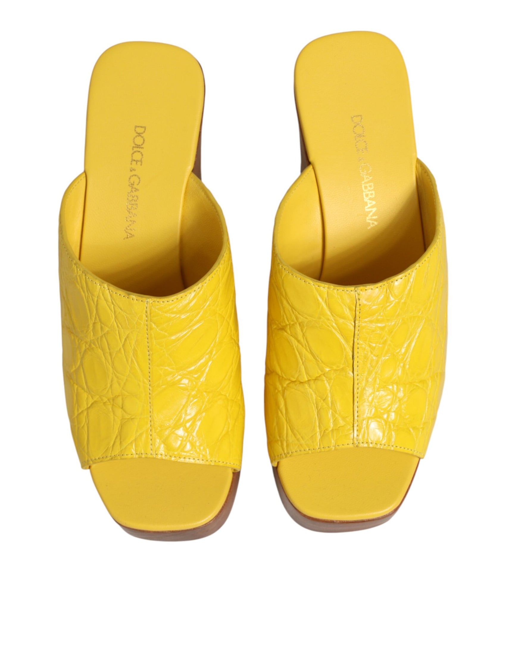 Dolce & Gabbana Yellow Leather Wood Mule Wedge Slides Shoes