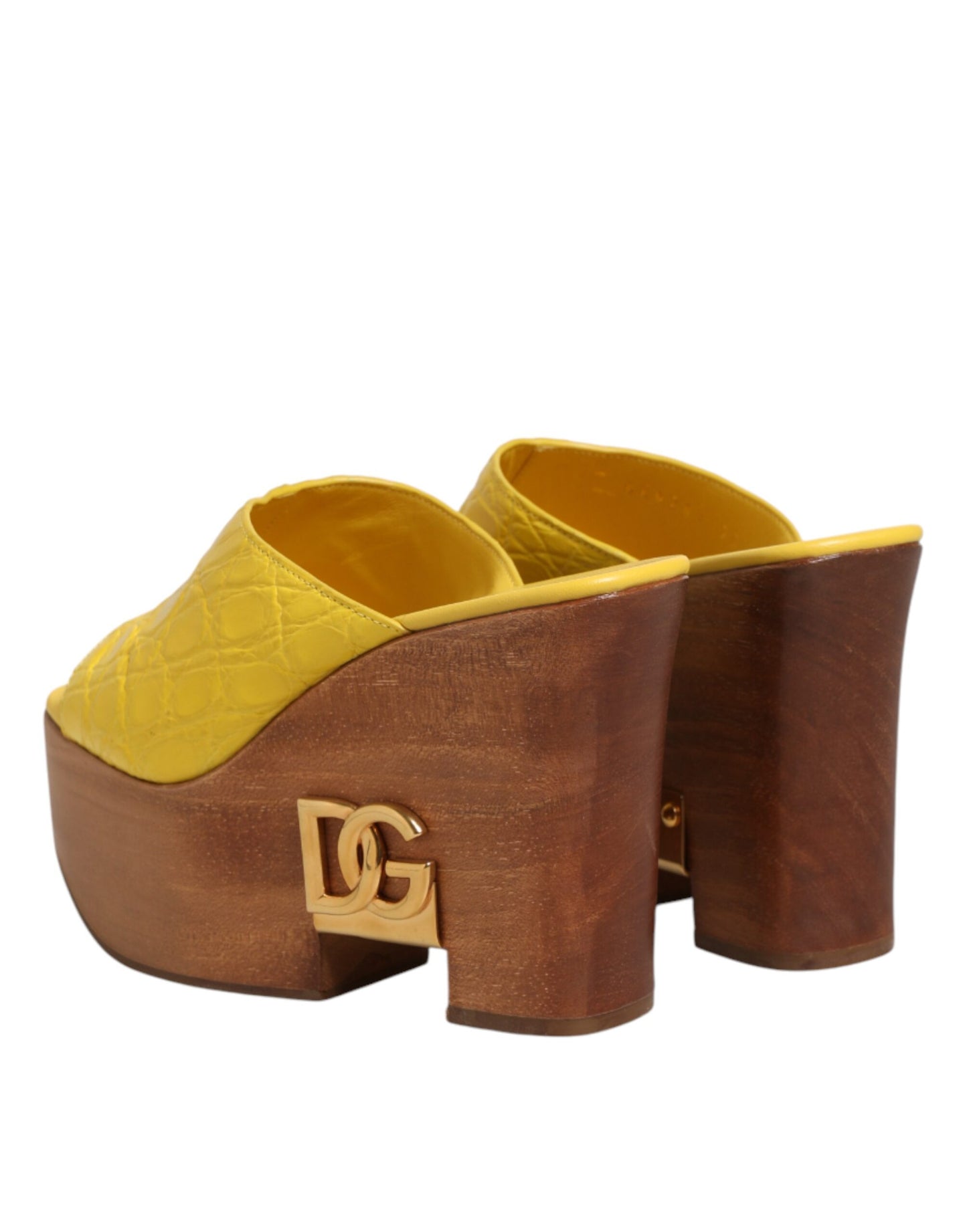 Dolce & Gabbana Yellow Leather Wood Mule Wedge Slides Shoes