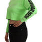 GCDS Mint Green Printed Long Sleeves Cropped Top Sweater