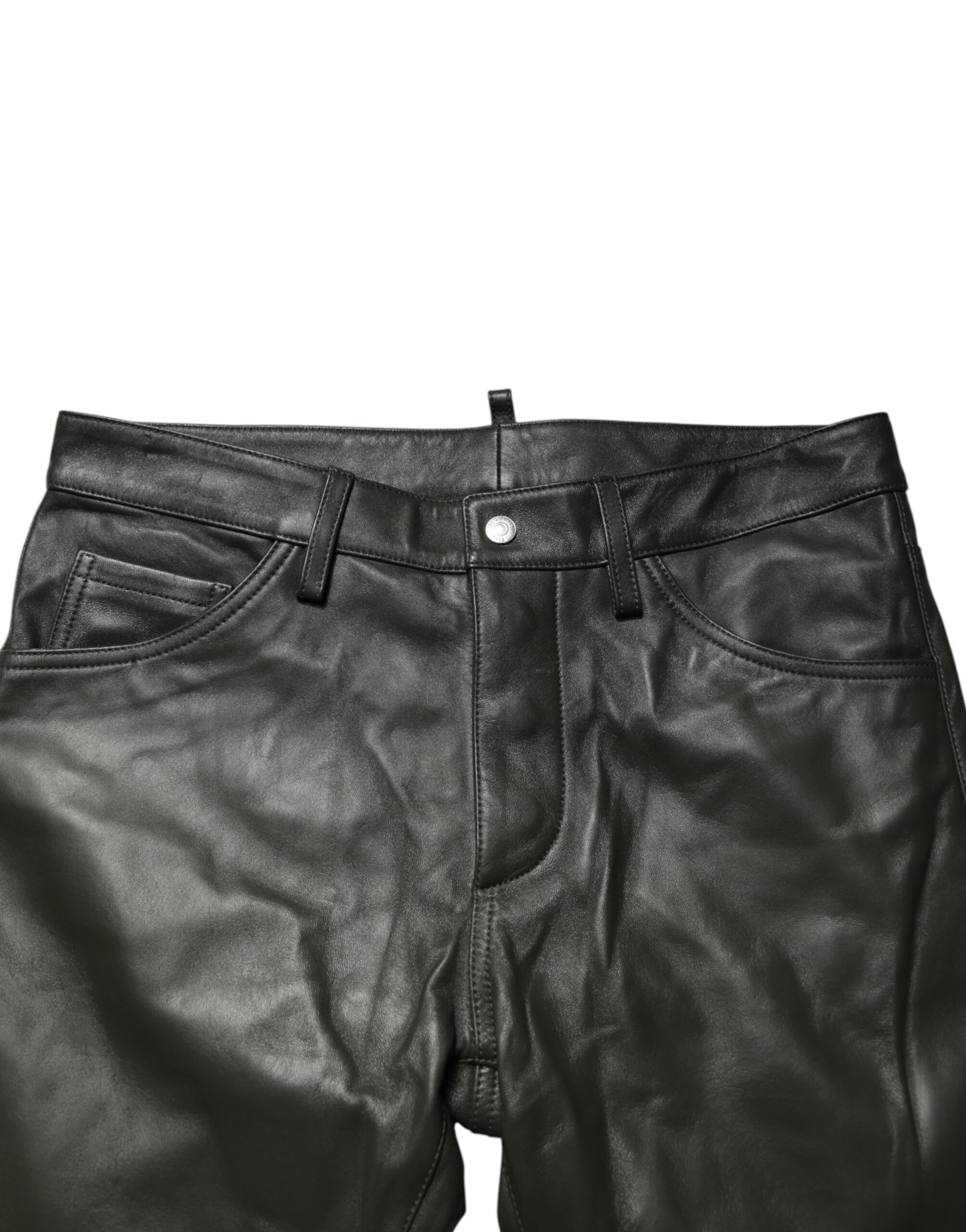 Dsquared² Black Full Grain Leather Mid Waist Trouser Pants